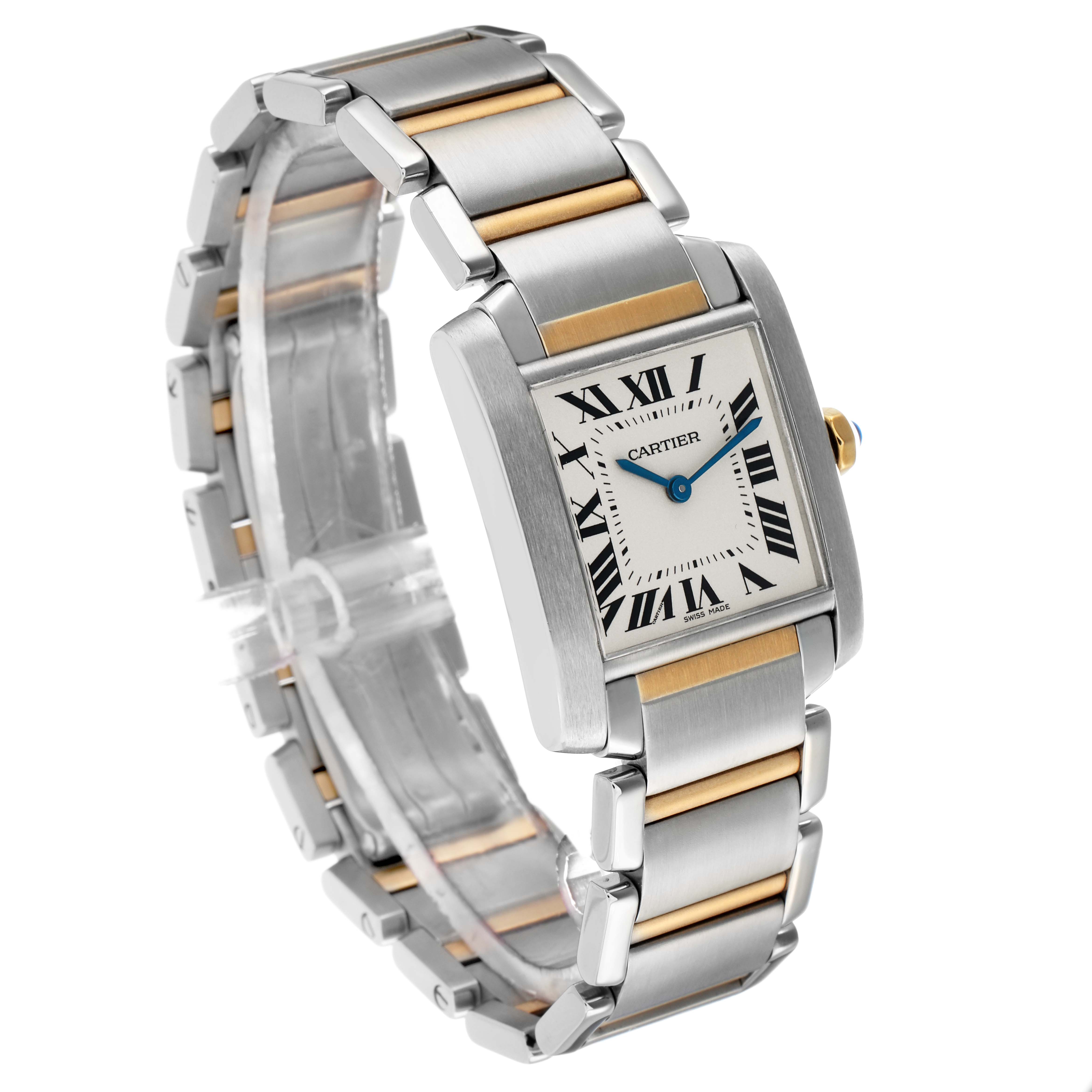The Cartier Tank Francaise W51006Q4 Women's Steel and Gold (two tone) Silver Dial watch is shown at an angled view, highlighting the face, strap, and two-tone links.