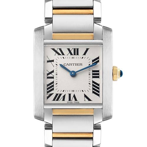 The Cartier Tank Française watch is shown from the front, highlighting its square dial and metal bracelet.