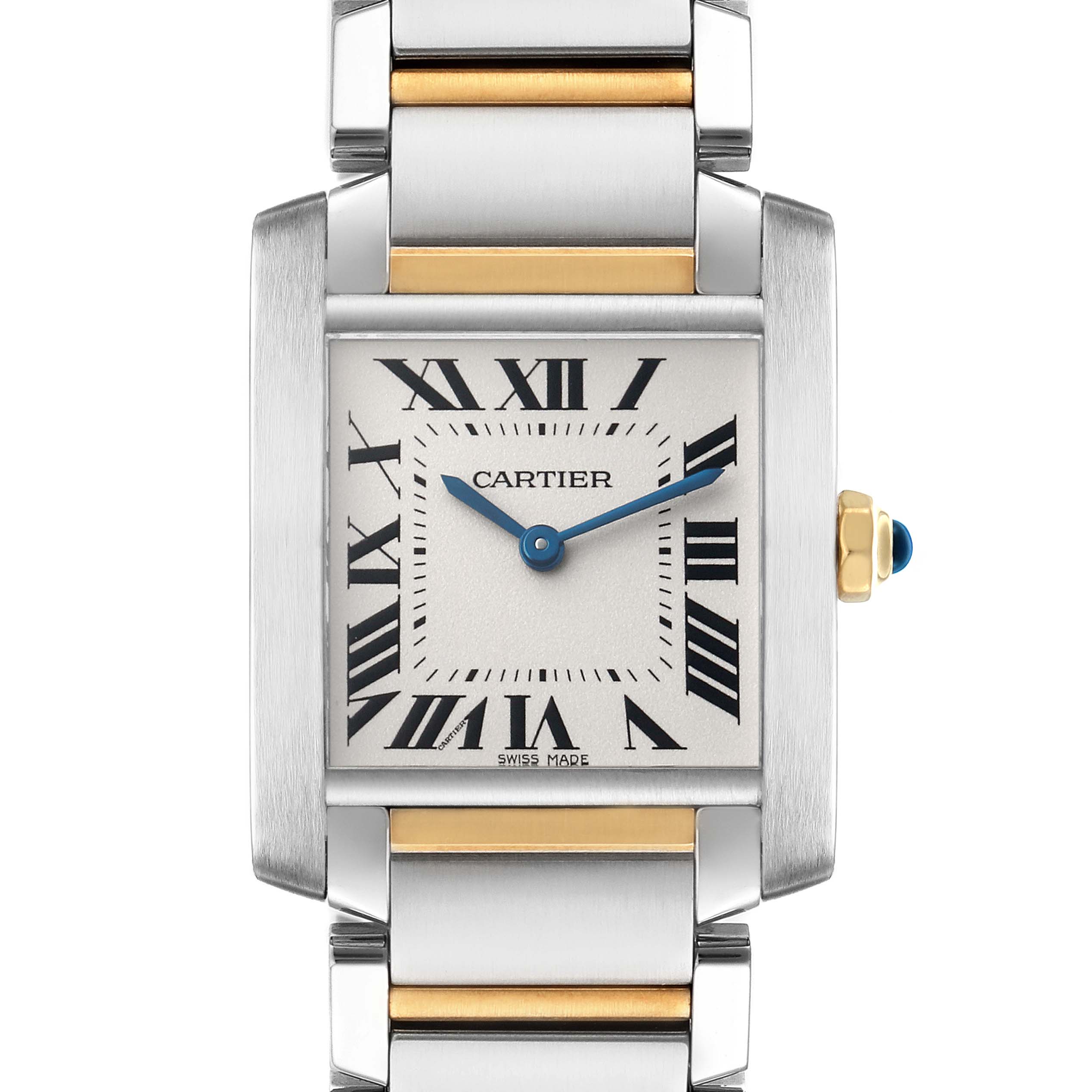 The Cartier Tank Française watch is shown head-on, displaying its face with Roman numerals, blue hands, and metallic bracelet.