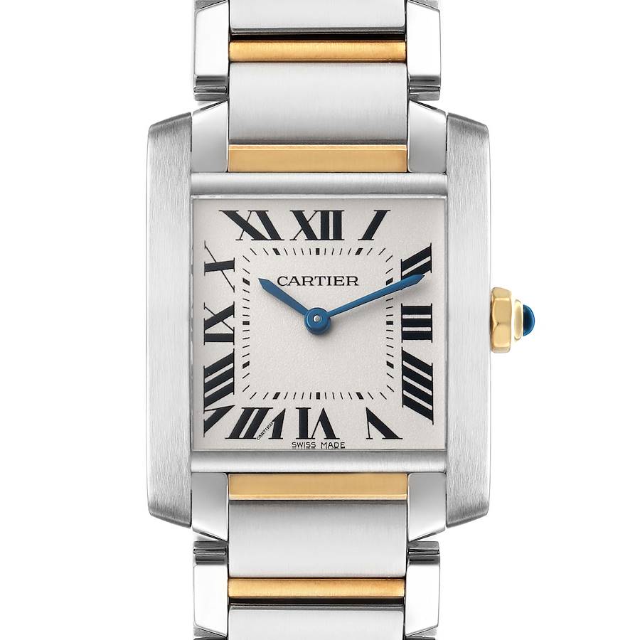 The Cartier Tank Française watch is shown head-on, displaying its face with Roman numerals, blue hands, and metallic bracelet.