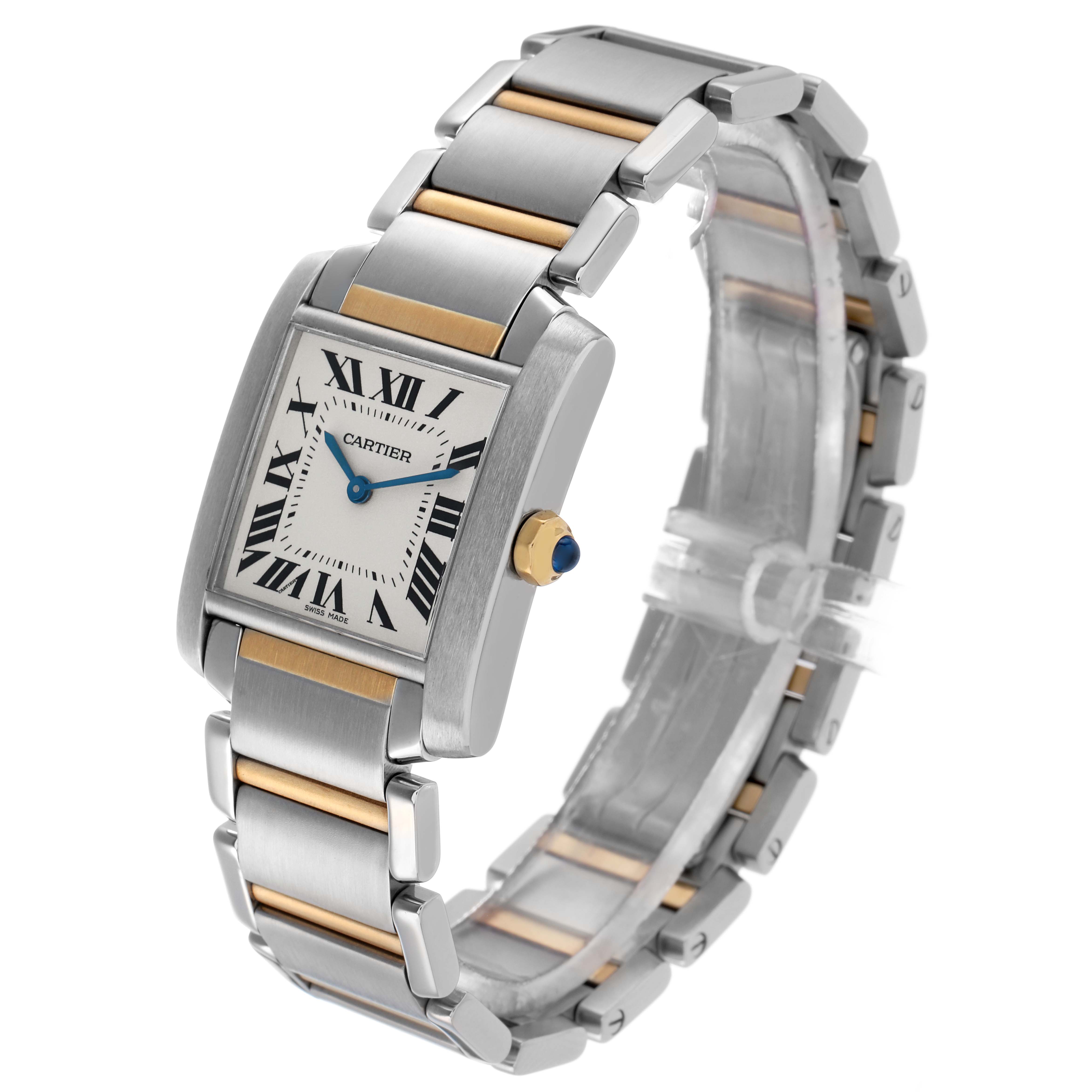The Cartier Tank Française watch is shown at an angle highlighting its rectangular face, Roman numerals, and two-tone bracelet.