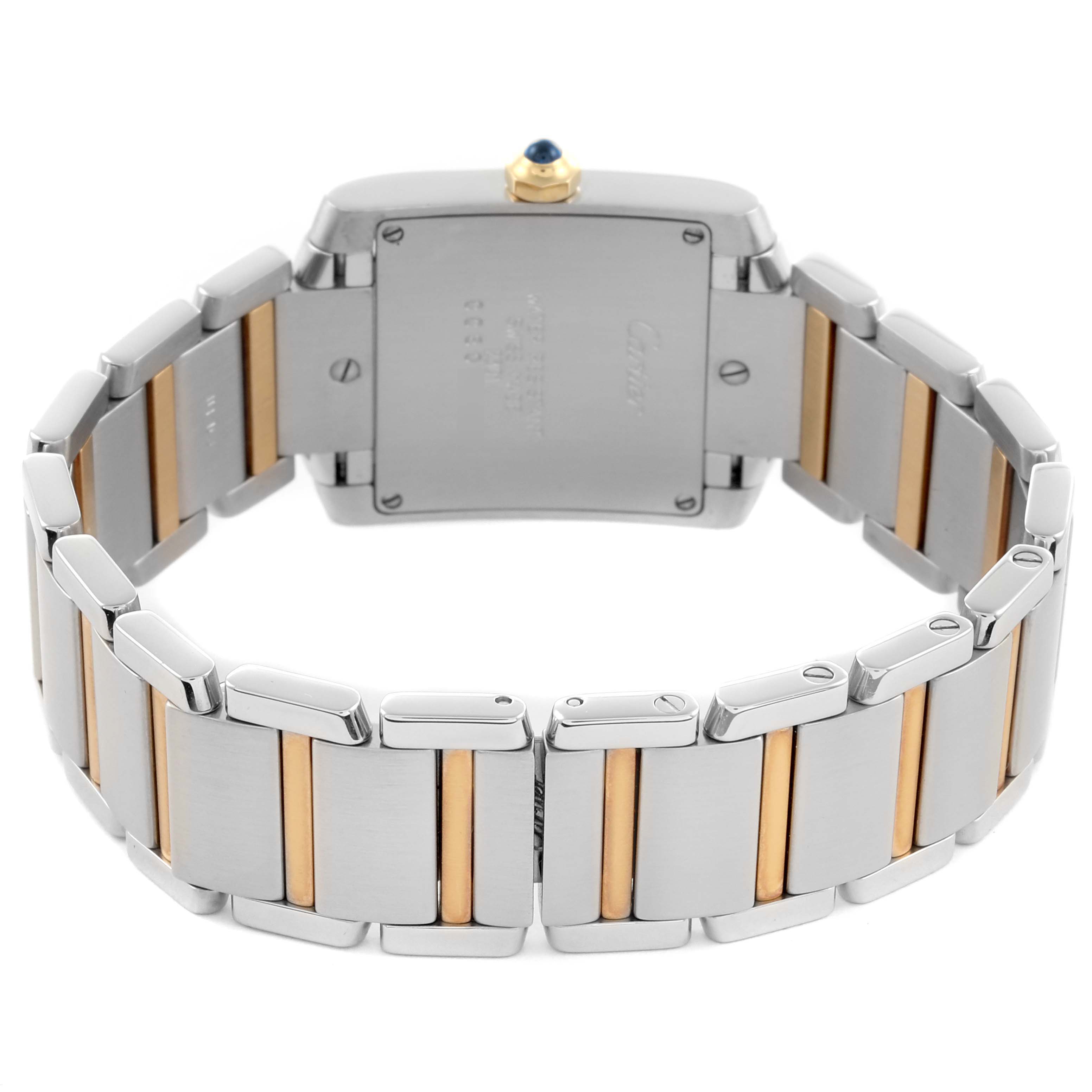 The Cartier Tank Française watch is shown from the back, highlighting the bracelet and case back.