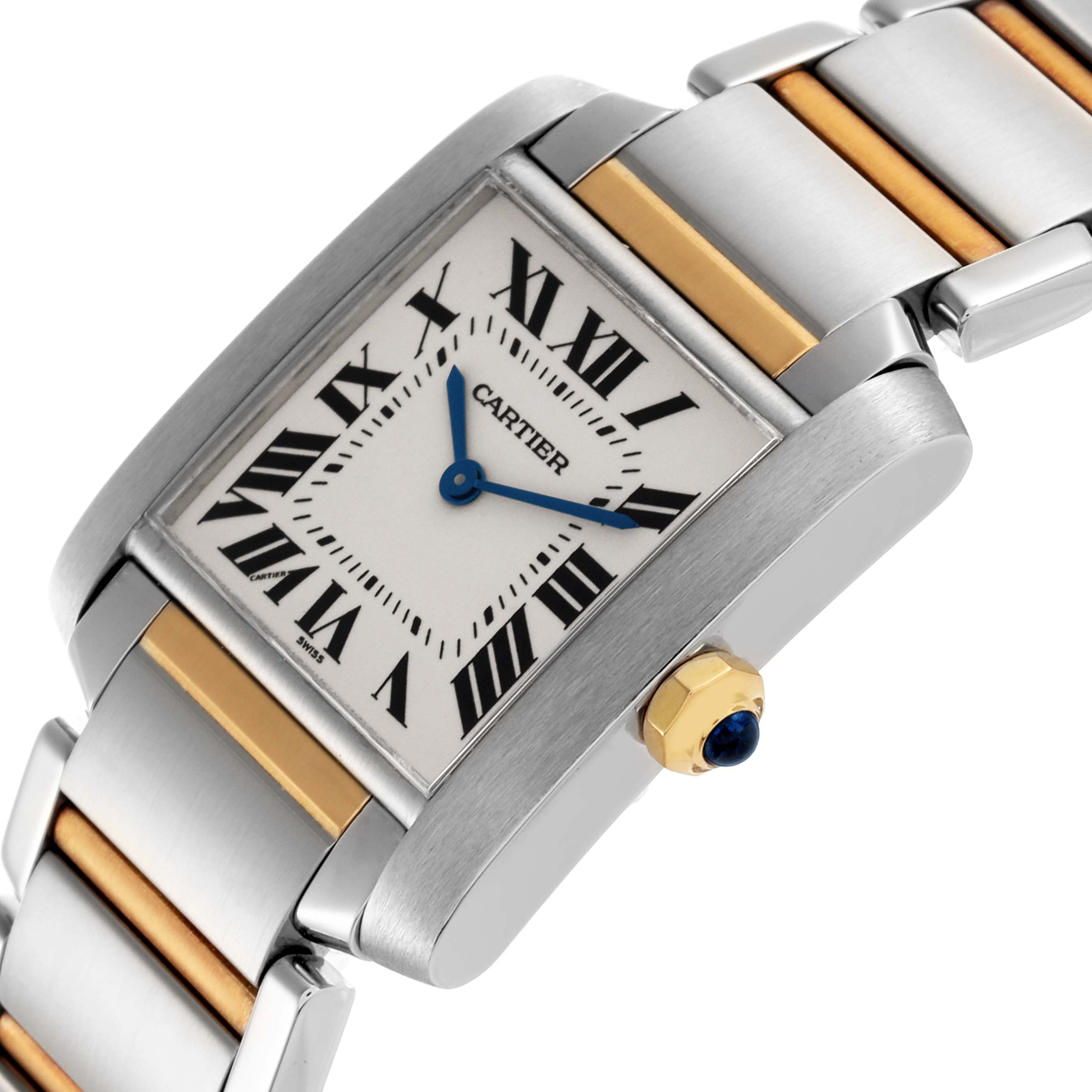 The Cartier Tank Francaise W51006Q4 Women's Steel and Gold (two tone) Silver Dial W51006Q4 Women's Steel and Gold (two tone) Silver Dial watch is shown at an angle highlighting the face, crown with a blue cabochon, and metal bracelet.