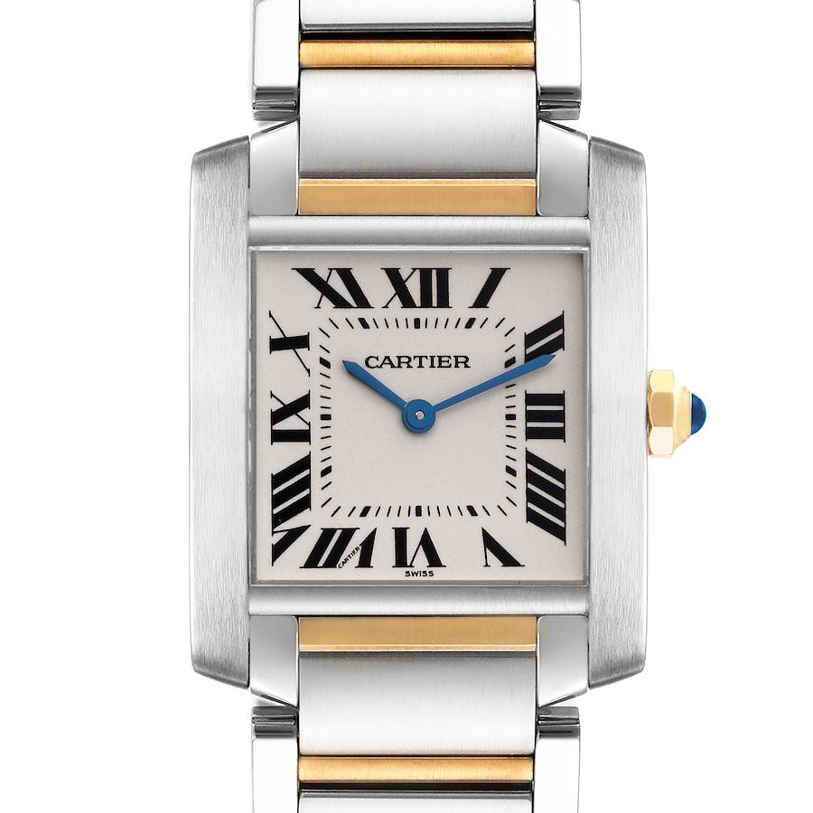 The Cartier Tank Francaise watch is shown from a front angle, displaying the face, bezel, and partial bracelet.