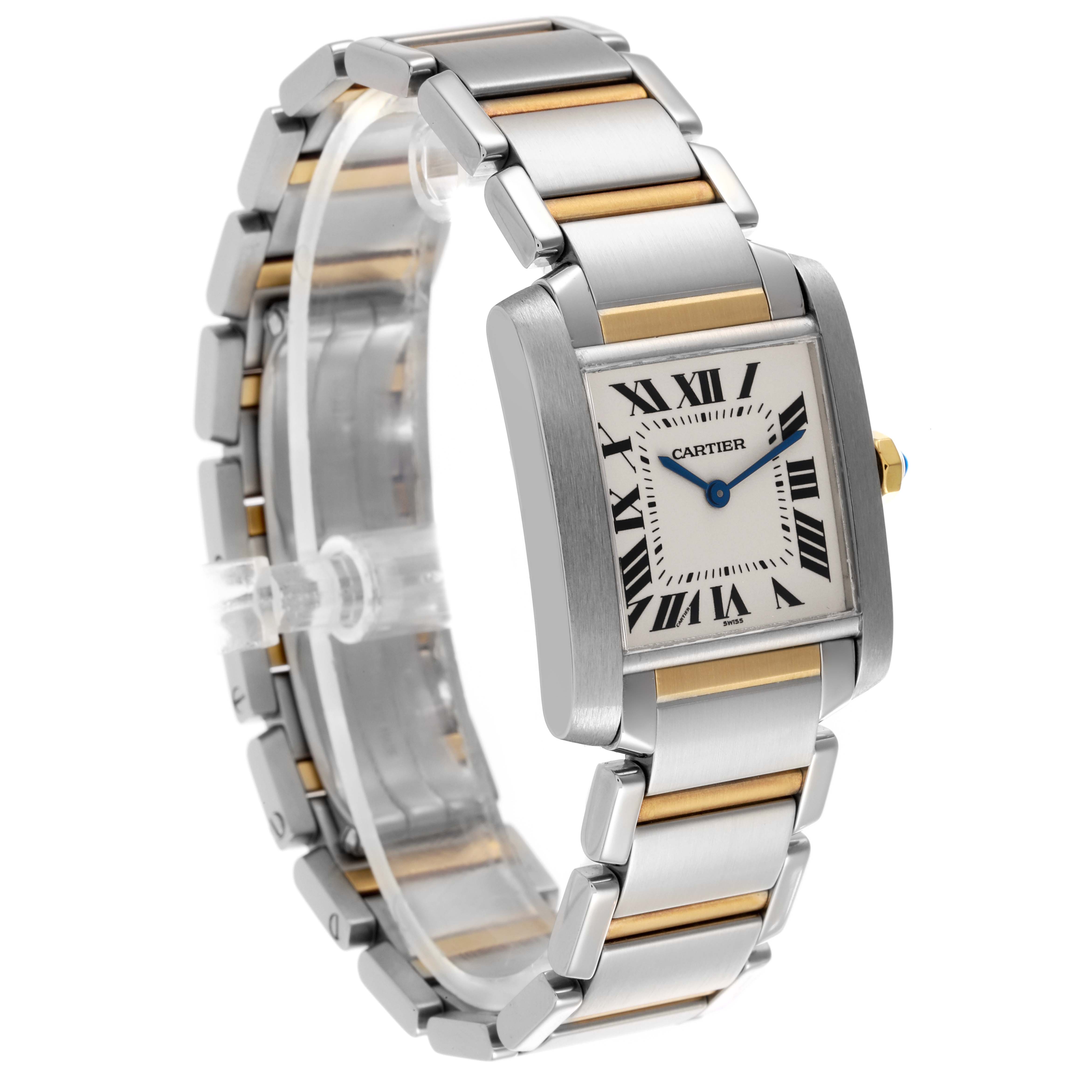 The Cartier Tank Francaise W51006Q4 Women's Steel and Gold (two tone) Silver Dial W51006Q4 Women's Steel and Gold (two tone) Silver Dial watch is shown at a three-quarter angle, highlighting the face, bracelet, and crown.
