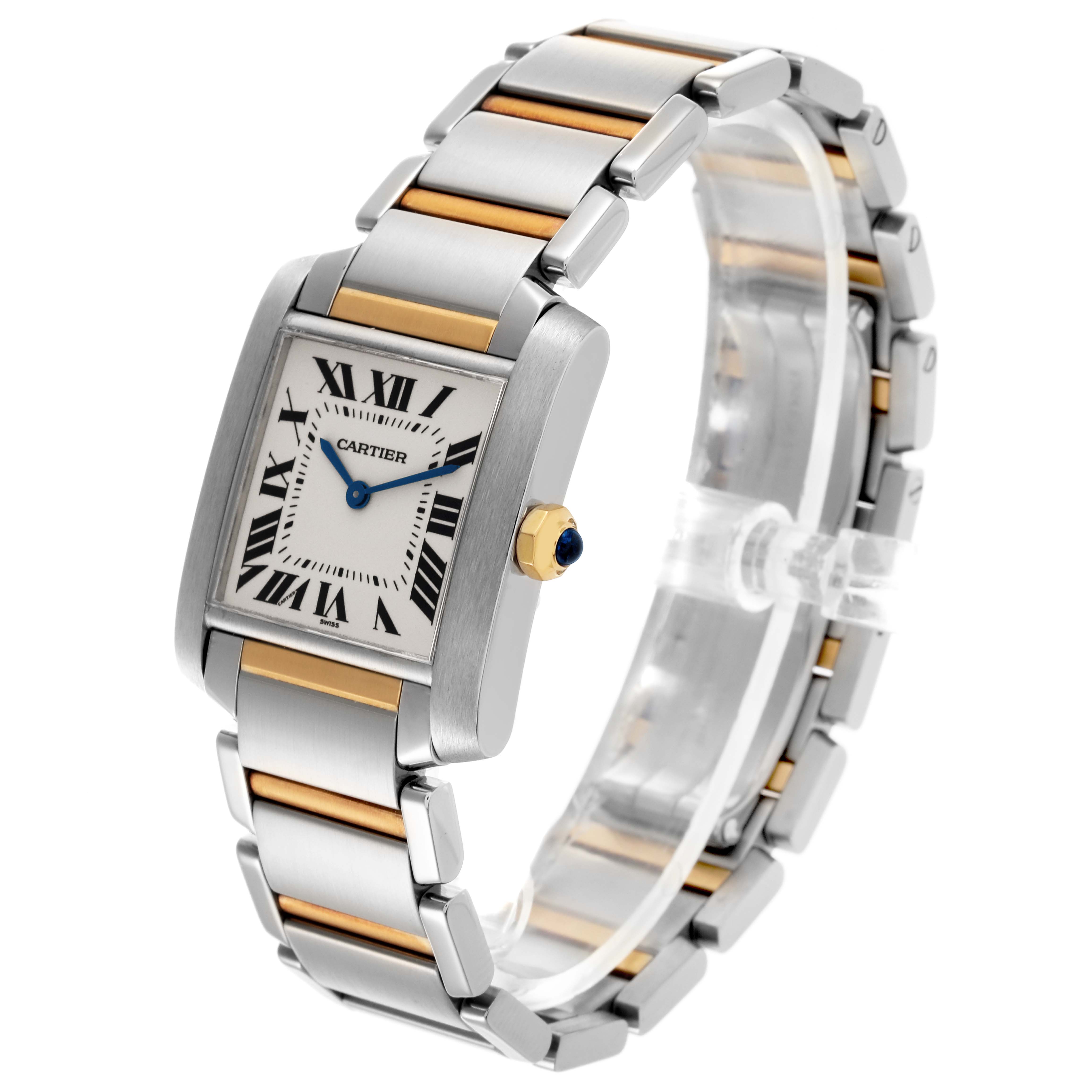 The Cartier Tank Française watch is shown in a three-quarter angle, displaying its face, bracelet, and crown.