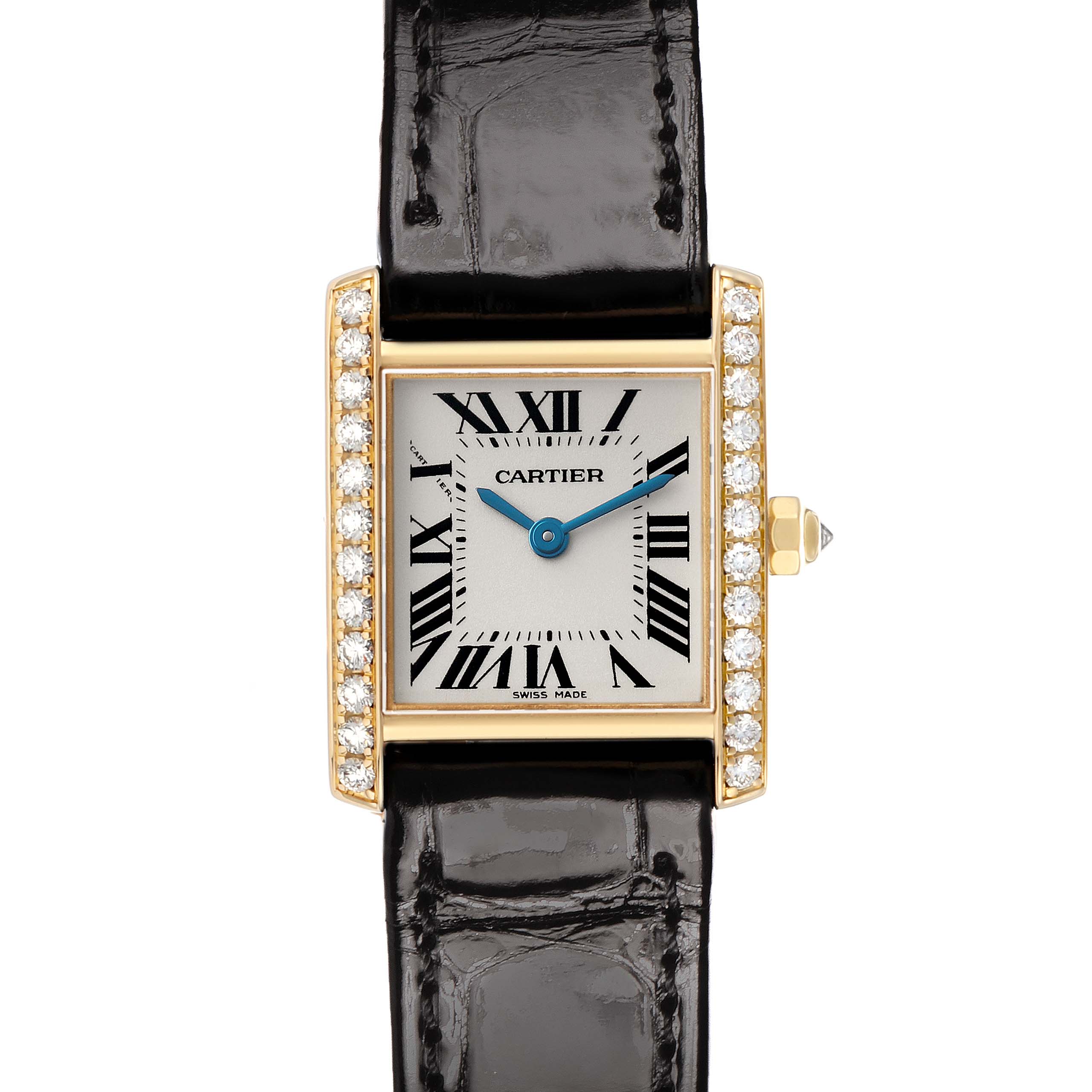 The Cartier Tank Francaise WE100151 Women's Yellow Gold Silver Dial watch is shown from a front angle, displaying its rectangular face, Roman numerals, and jeweled bezel.