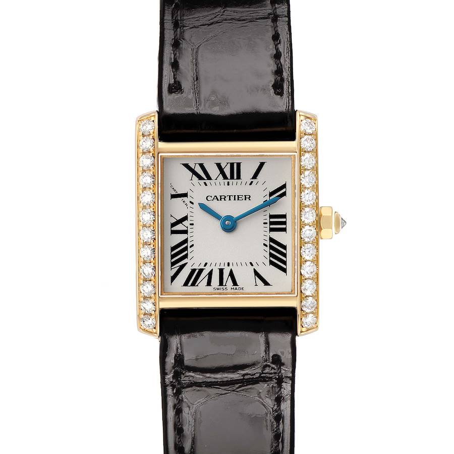 The Cartier Tank Francaise WE100151 Women's Yellow Gold Silver Dial watch is shown from a front angle, displaying its rectangular face, Roman numerals, and jeweled bezel.