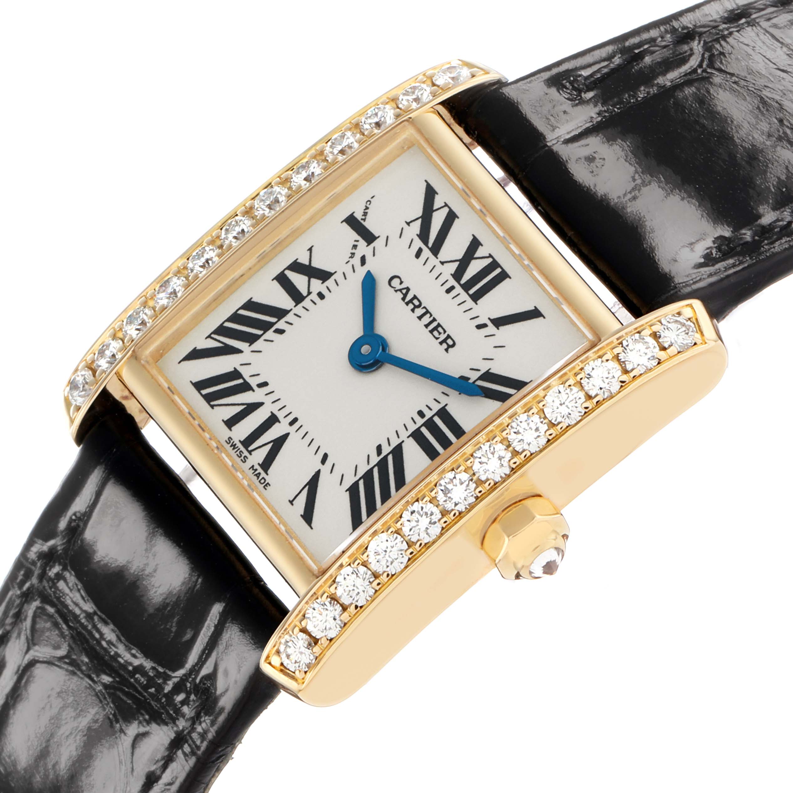 The Cartier Tank Française watch is shown at an angle highlighting the diamond-accented bezel, white dial with Roman numerals, and black leather strap.