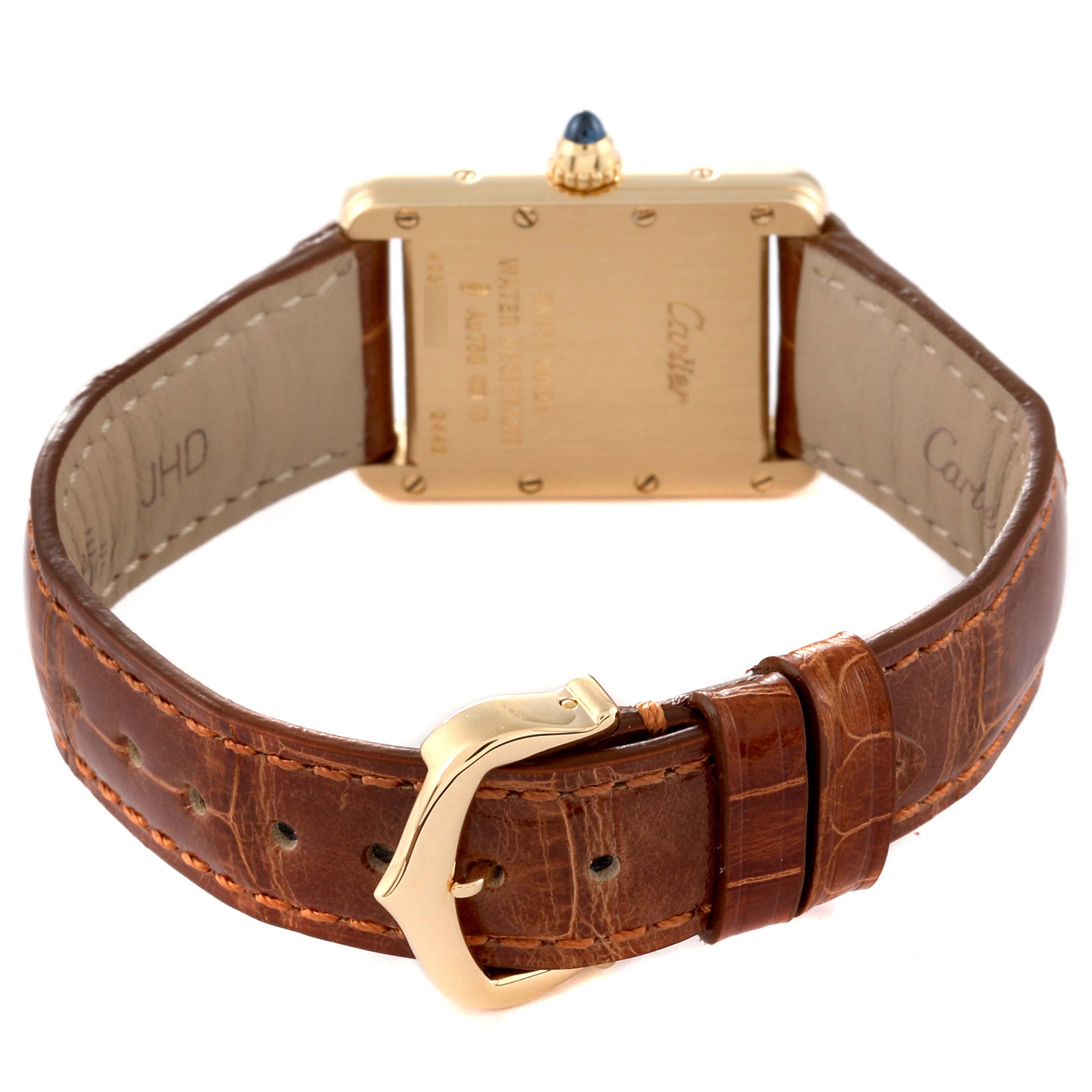 The image shows the back and strap of the Cartier Tank Louis W1529856 Women's Yellow Gold Silver Dial W1529856 Women's Yellow Gold Silver Dial watch, highlighting the buckle and caseback details.