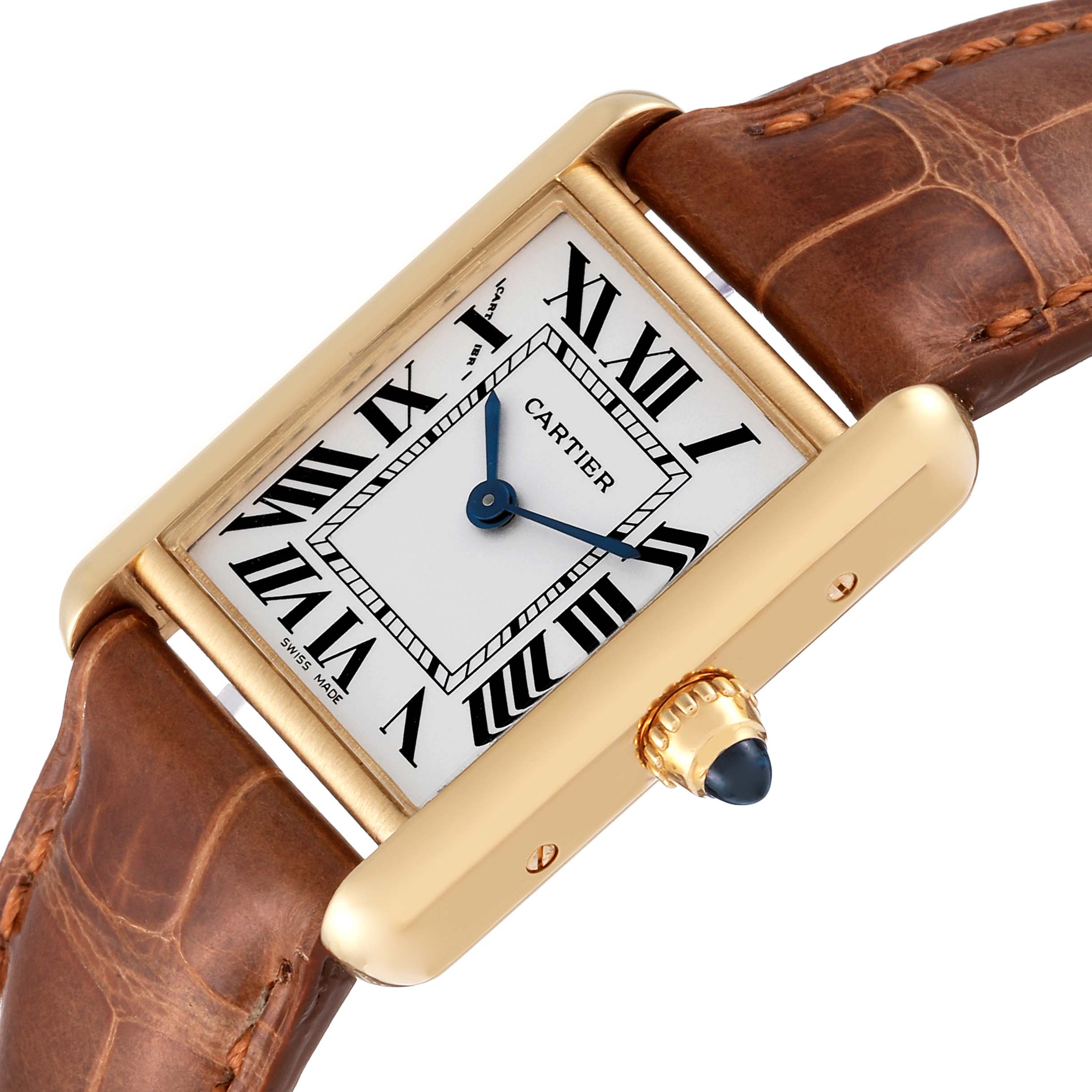 The image shows a Cartier Tank Louis W1529856 Women's Yellow Gold Silver Dial W1529856 Women's Yellow Gold Silver Dial watch at a slight angle, highlighting its brown leather strap, rectangular gold case, Roman numeral dial, and distinctive blue sapphire crown.