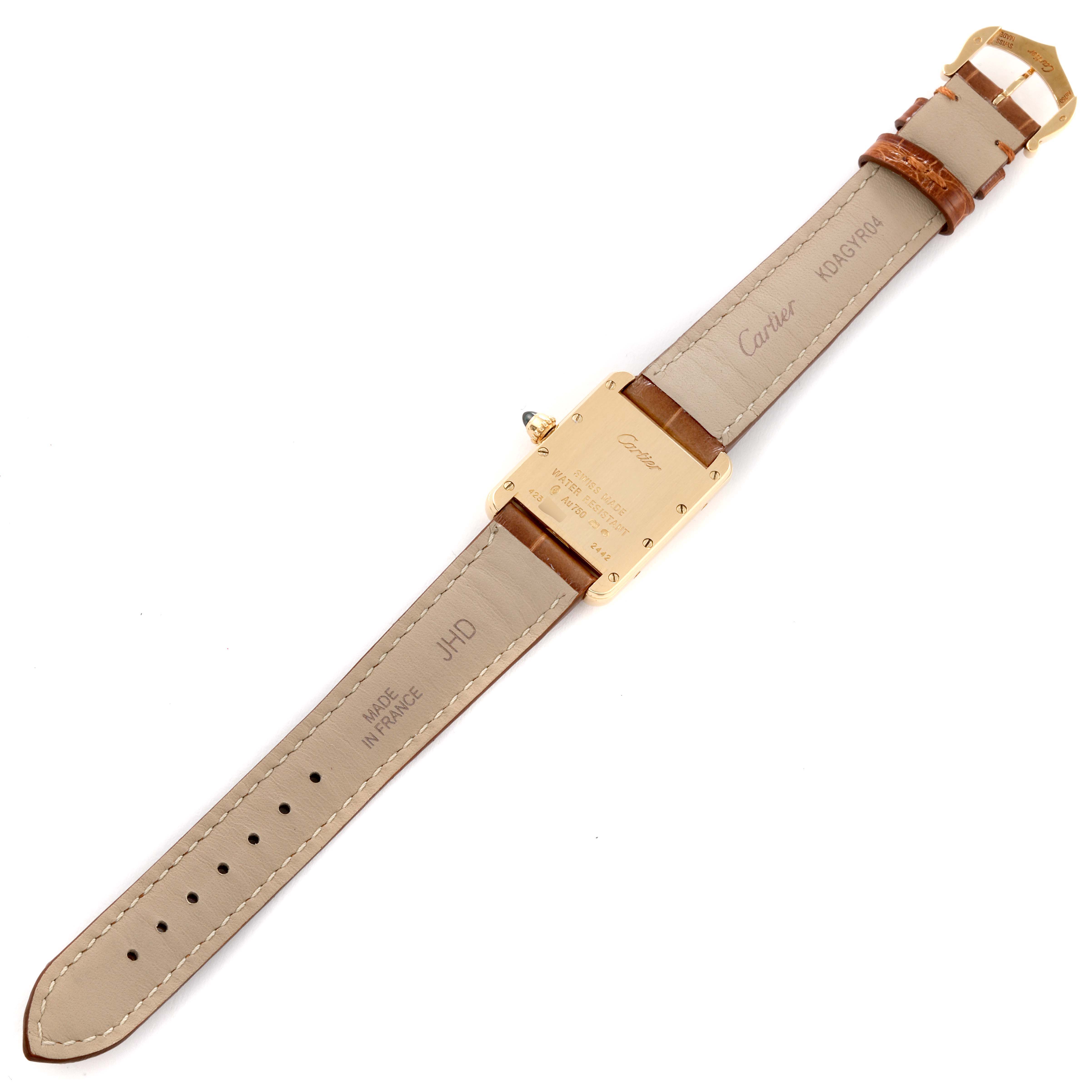 This is a Tank Louis watch by Cartier, shown from the back side displaying the strap and case back.