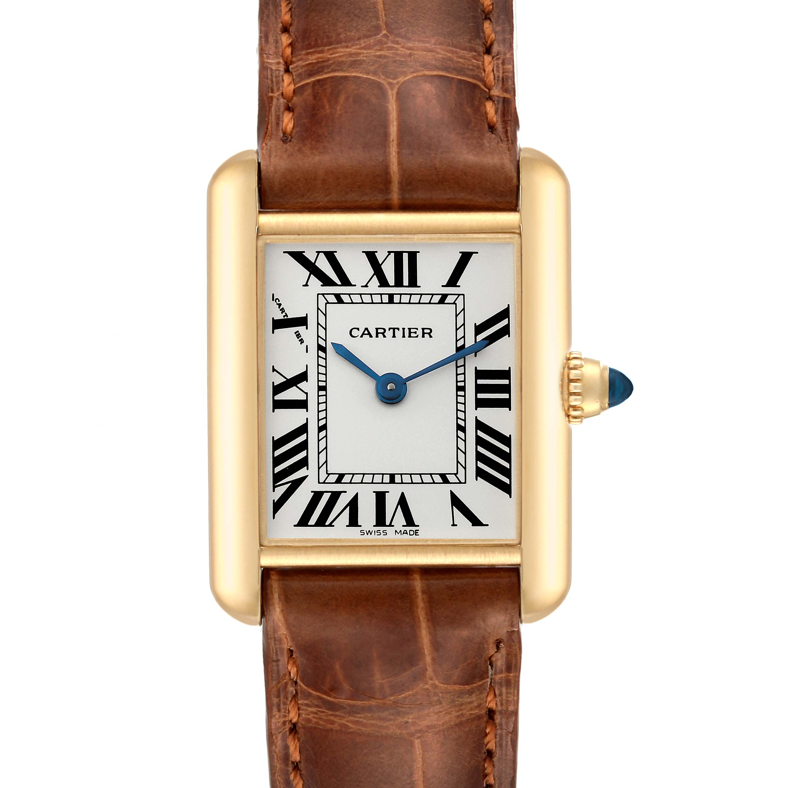 The image shows a frontal view of the Cartier Tank Louis W1529856 Women's Yellow Gold Silver Dial W1529856 Women's Yellow Gold Silver Dial watch, highlighting its rectangular dial, Roman numerals, and leather strap.