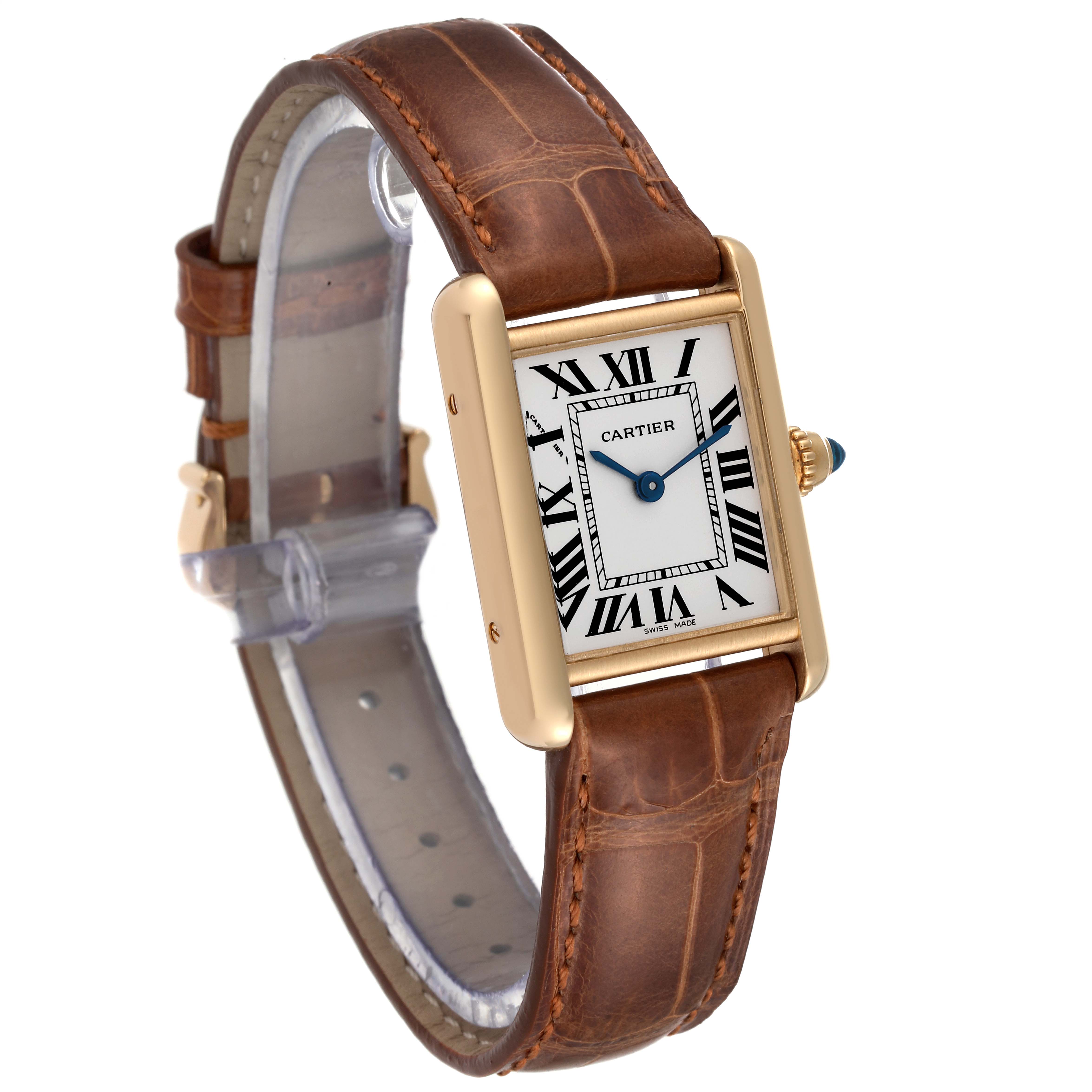The image shows a side angle of the Cartier Tank Louis W1529856 Women's Yellow Gold Silver Dial W1529856 Women's Yellow Gold Silver Dial watch, highlighting its brown leather strap and rectangular face.
