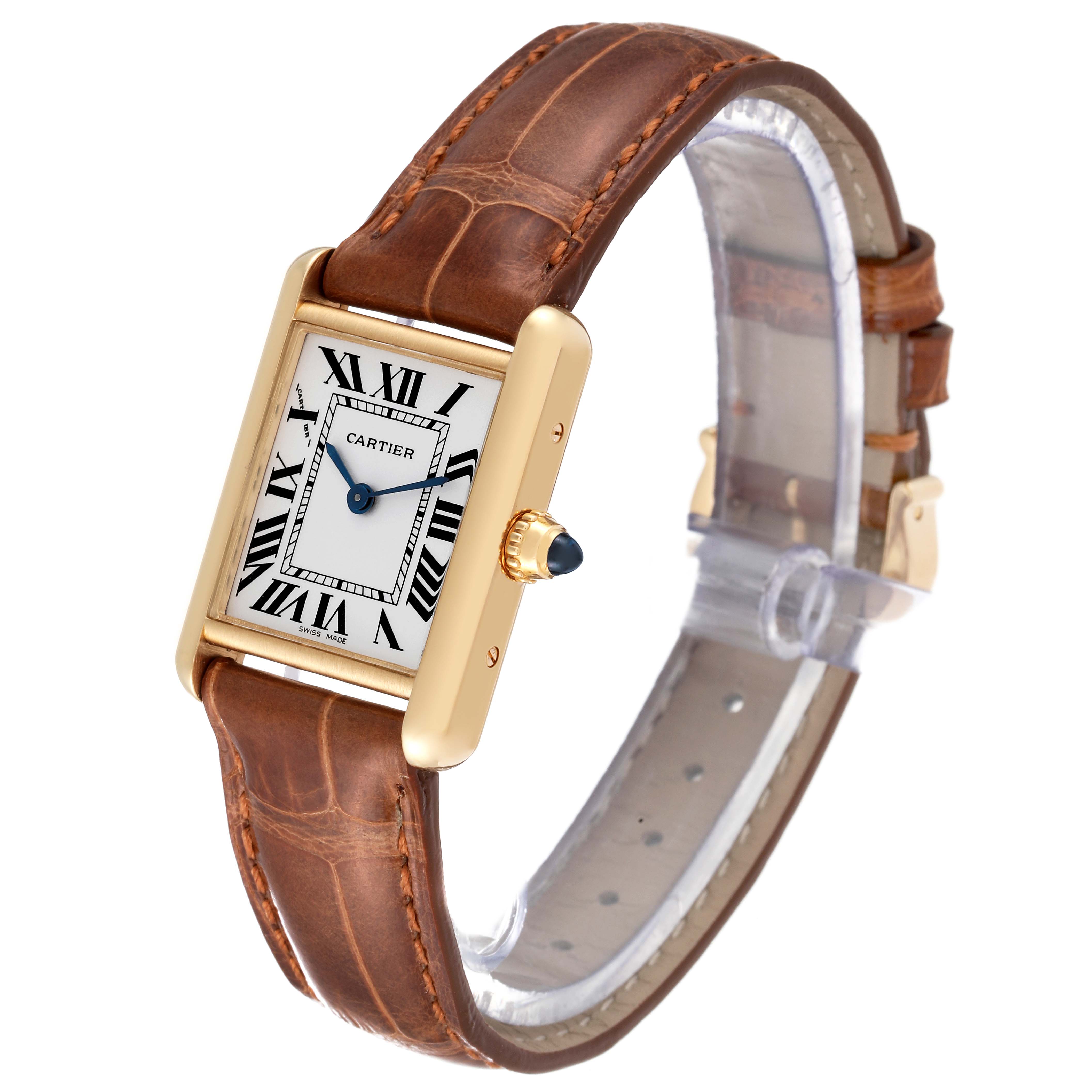 The image shows a Cartier Tank Louis W1529856 Women's Yellow Gold Silver Dial W1529856 Women's Yellow Gold Silver Dial watch at a slight angle, highlighting the gold case, Roman numeral dial, and brown leather strap.