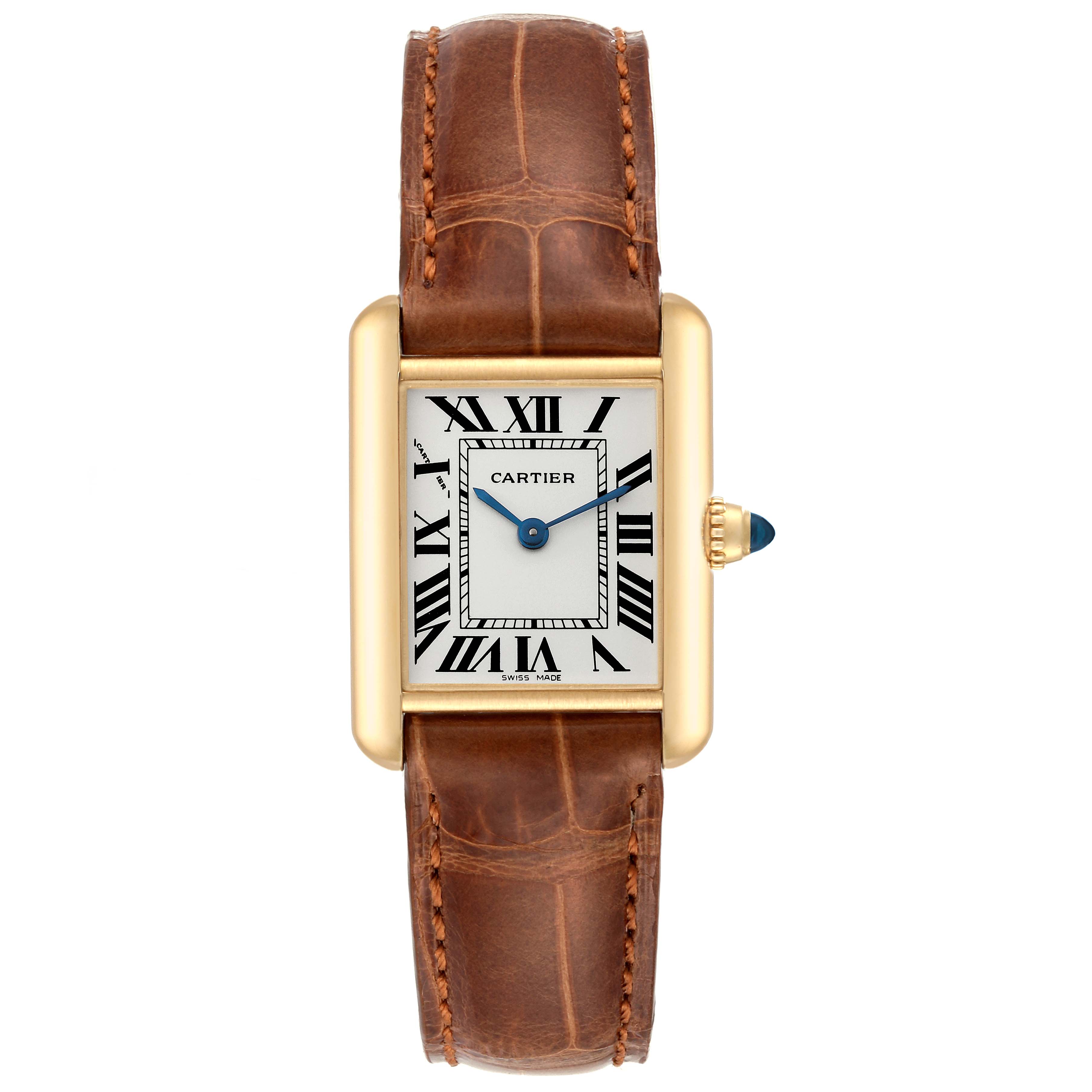 The image shows a front view of the Cartier Tank Louis W1529856 Women's Yellow Gold Silver Dial W1529856 Women's Yellow Gold Silver Dial model watch with a brown leather strap and a gold rectangular case.