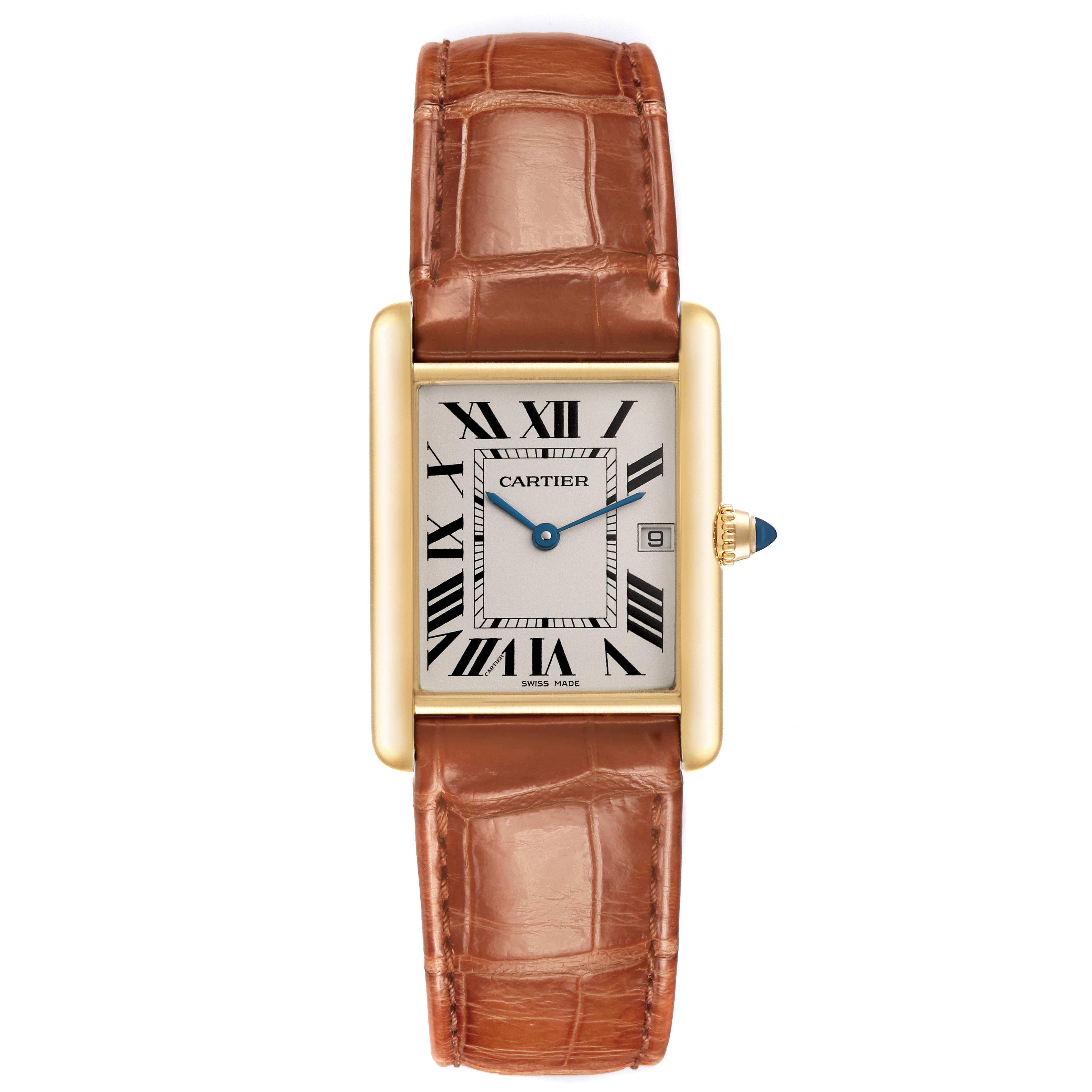 The Cartier Tank Louis W1529756 Men's Yellow Gold Silver Dial watch is shown from the front, highlighting its rectangular face, Roman numerals, and leather strap.