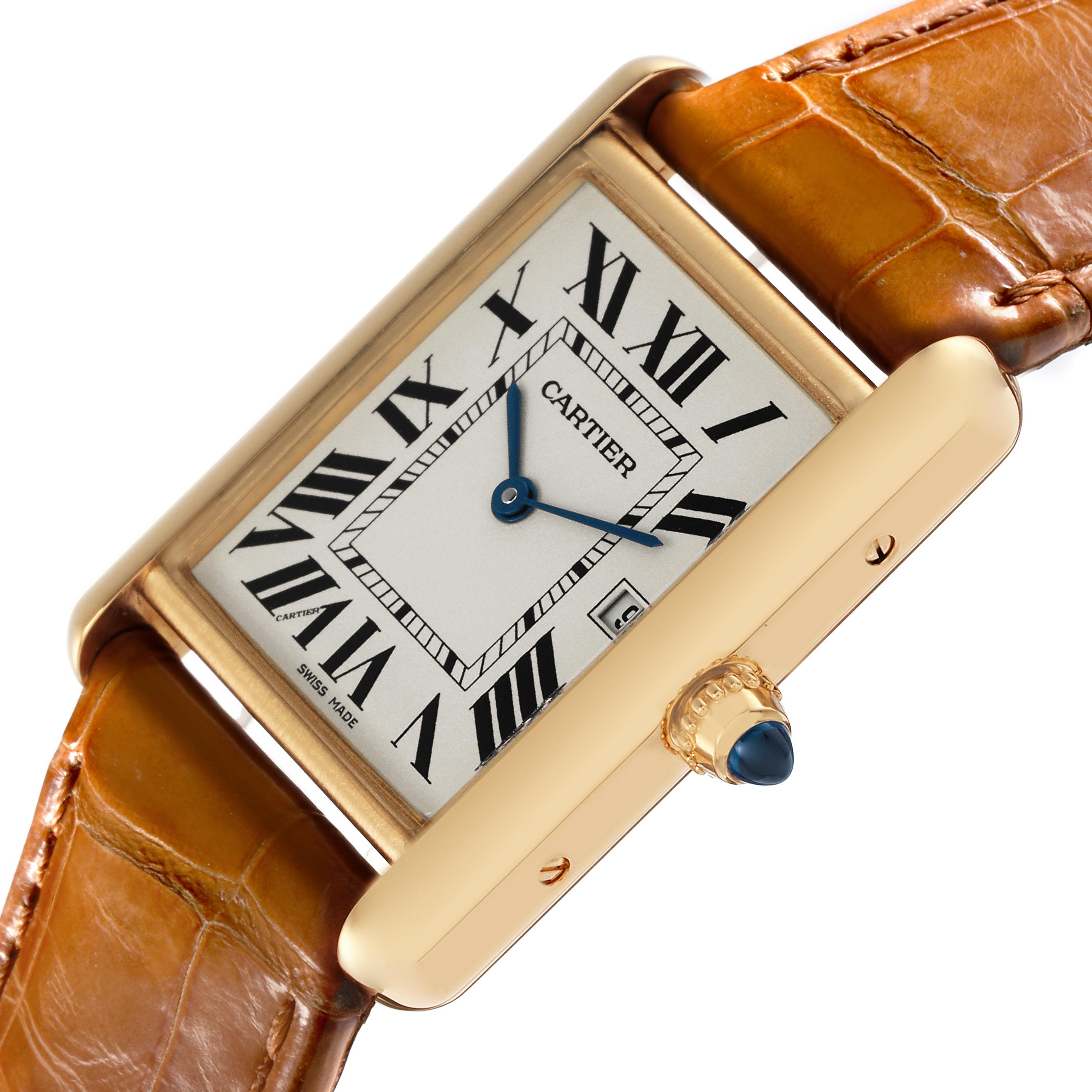The Cartier Tank Louis W1529756 Men's Yellow Gold Silver Dial watch is shown from an angled side view, highlighting its rectangular face, Roman numerals, and gold case with a brown leather strap.