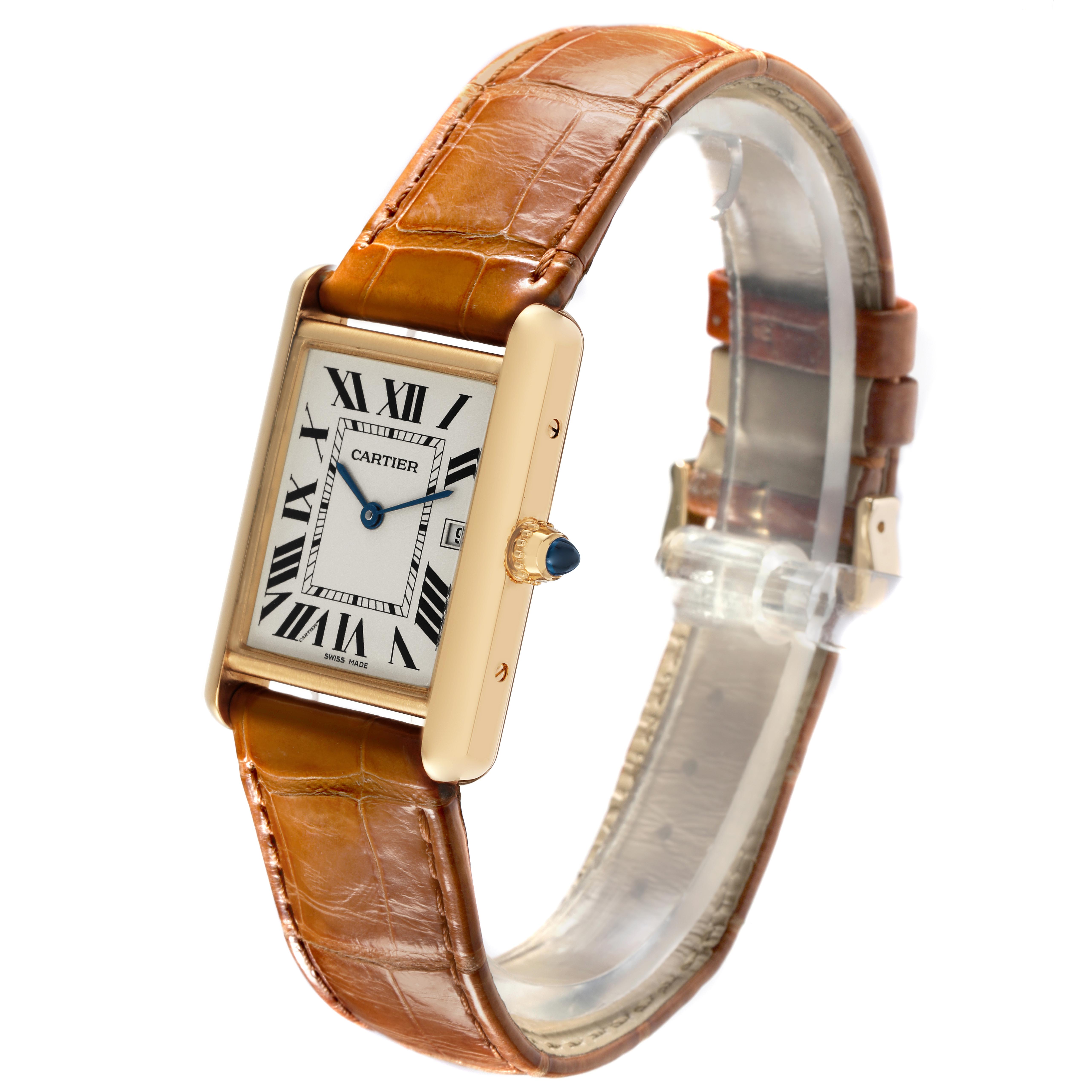 The Cartier Tank Louis W1529756 Men's Yellow Gold Silver Dial watch is shown at a slight angle, displaying its face, bezel, crown, and brown leather strap.