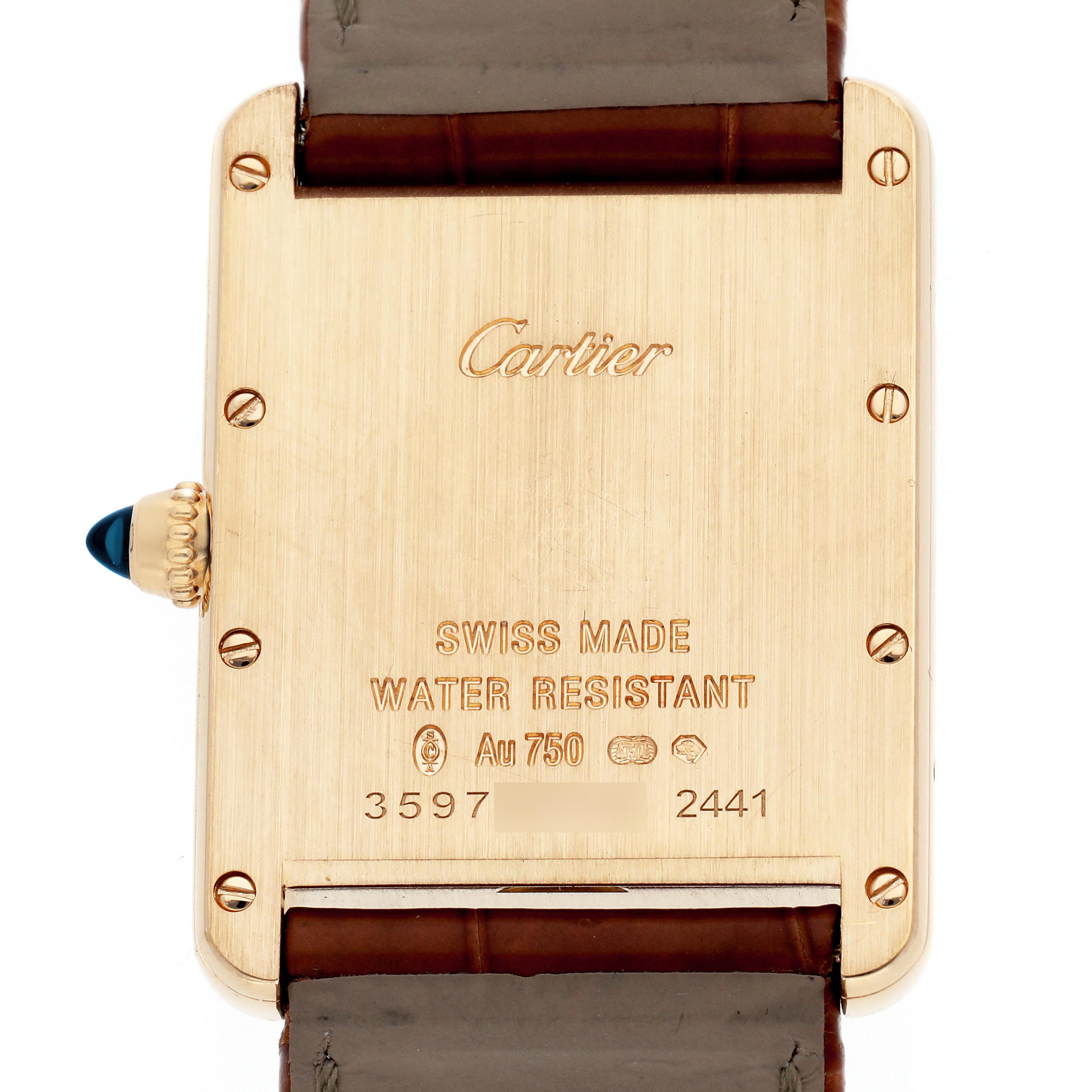 This image shows the back case of a Cartier Tank Louis W1529756 Men's Yellow Gold Silver Dial watch, highlighting the brand engraving and water resistance details.