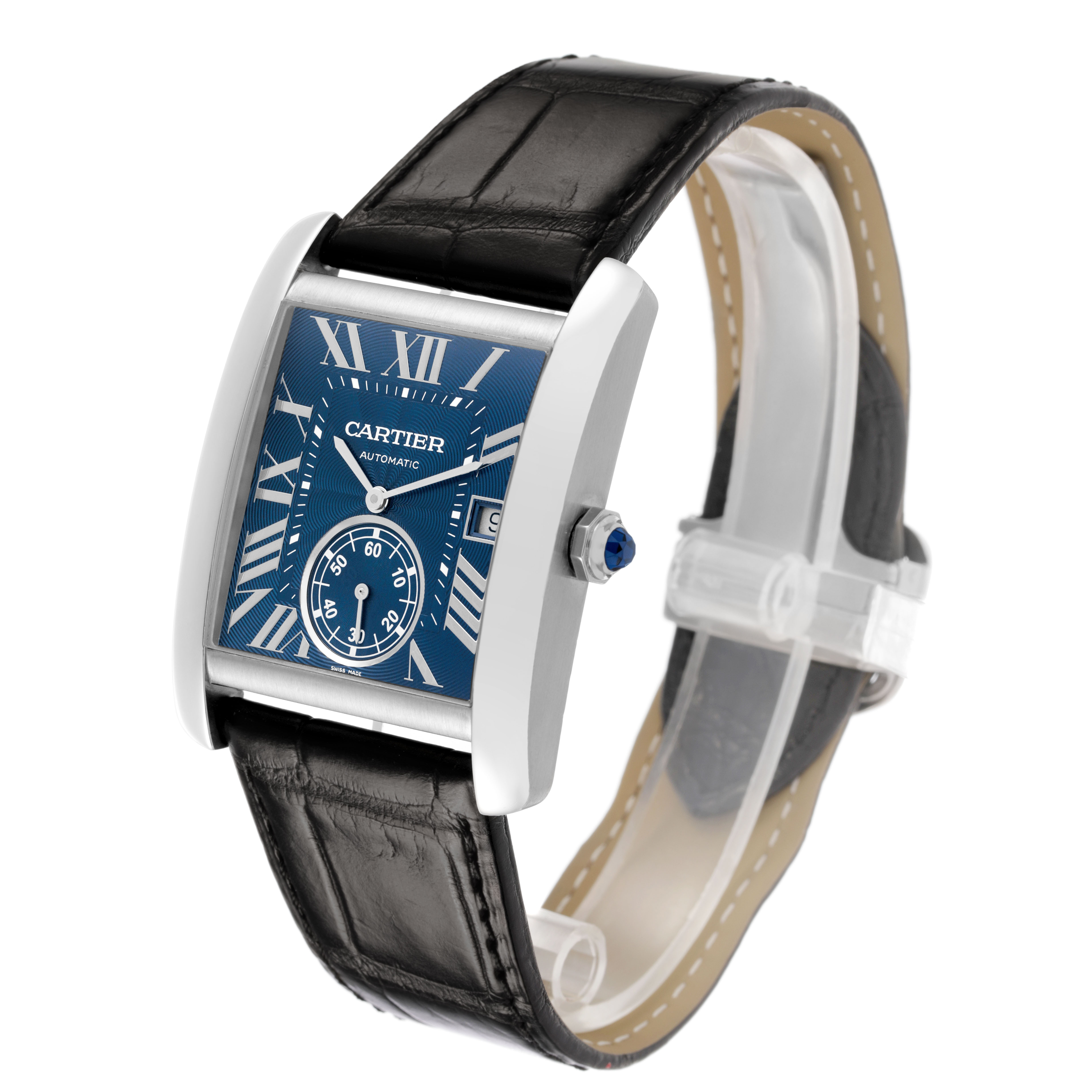 The Cartier Tank MC WSTA0010 Men's Stainless Steel Blue Dial watch is shown at an angle displaying the face, case, crown, and part of the strap.