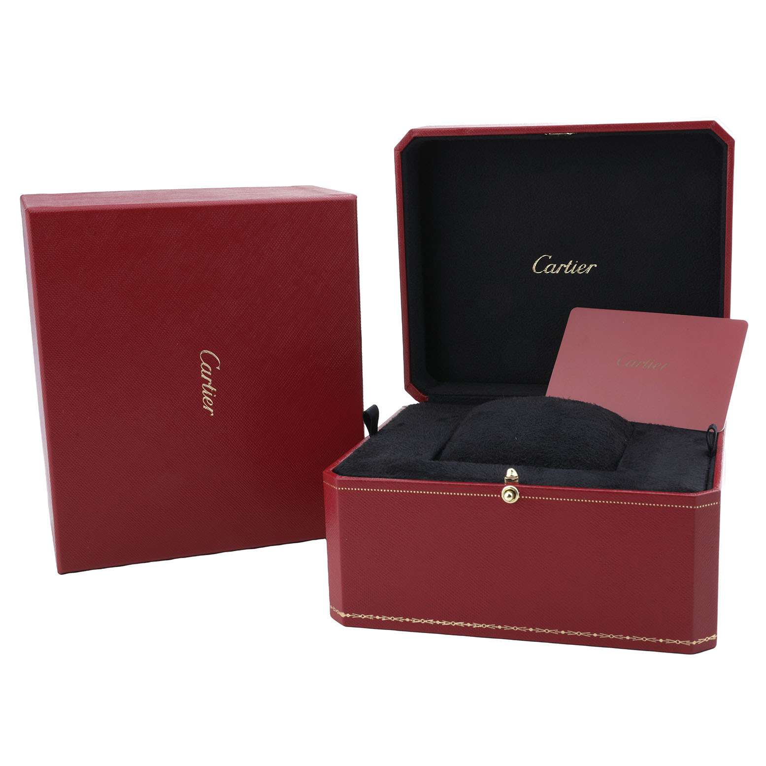 The image shows a Cartier Tank MC WSTA0010 Men's Stainless Steel Blue Dial watch box, open to reveal a plush interior with a cushion and a card.