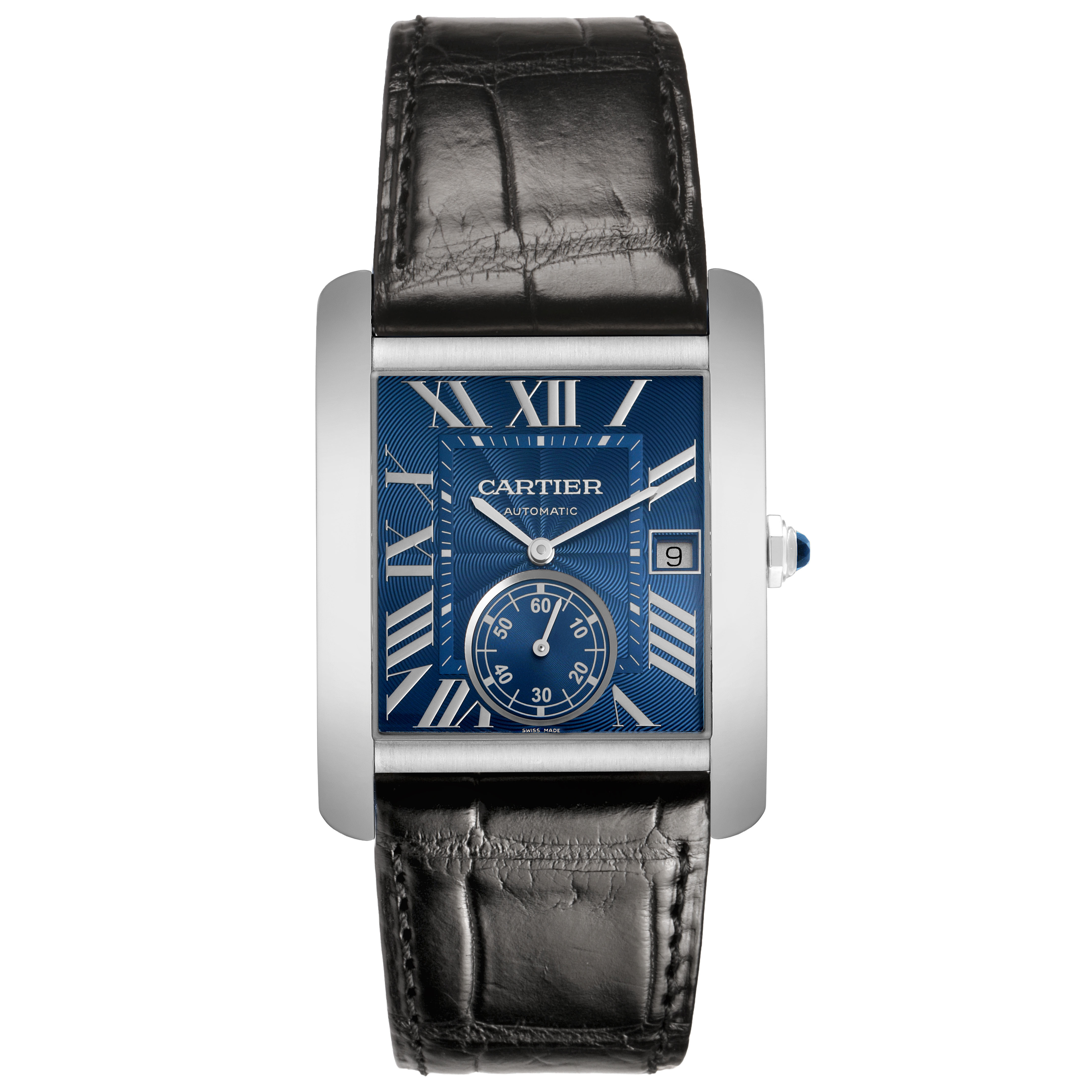 The Cartier Tank MC WSTA0010 Men's Stainless Steel Blue Dial watch is shown from a top view, highlighting its blue dial, Roman numerals, date window, and leather strap.