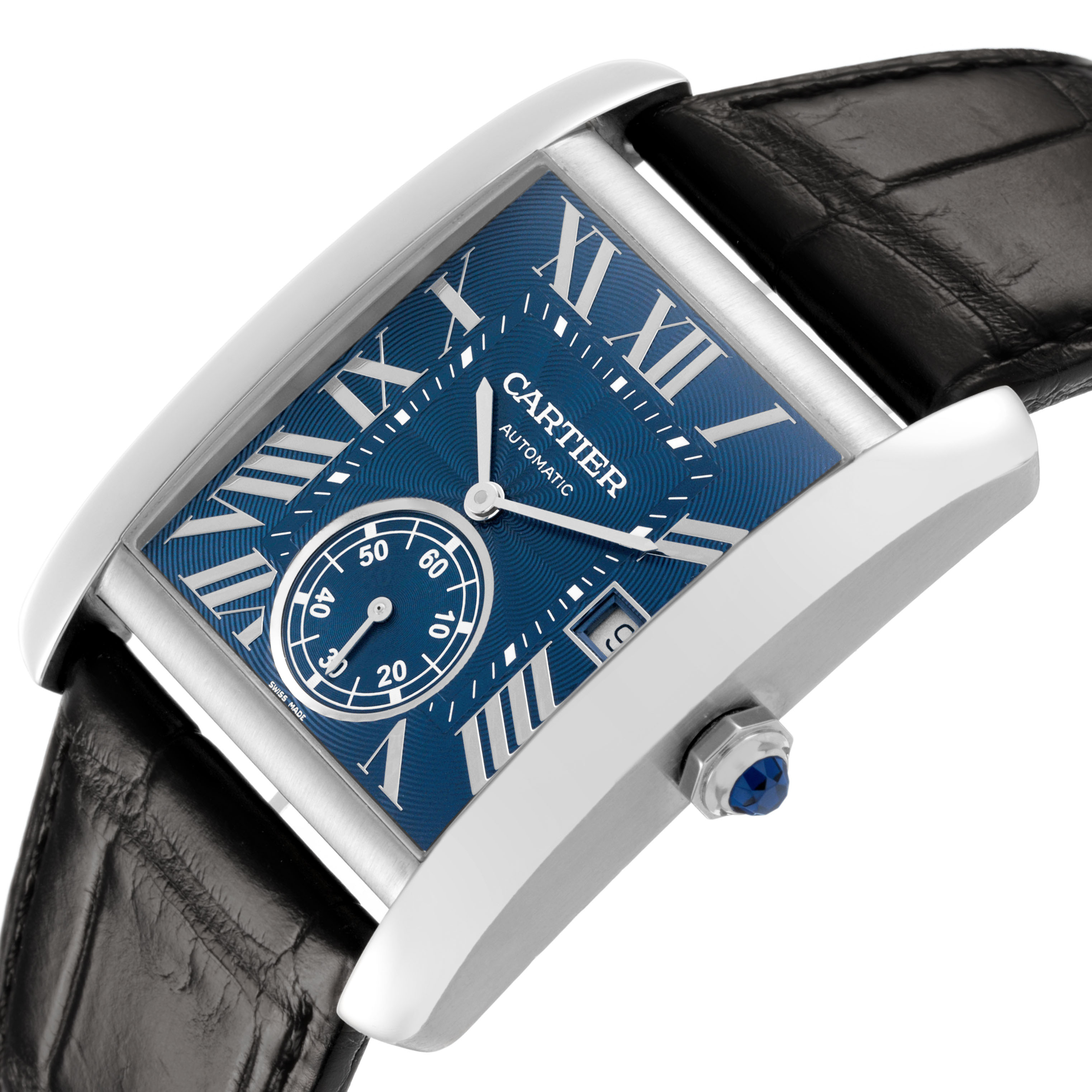The Cartier Tank MC WSTA0010 Men's Stainless Steel Blue Dial watch is shown from a side angle, highlighting the blue dial, crown with blue gemstone, and black leather strap.