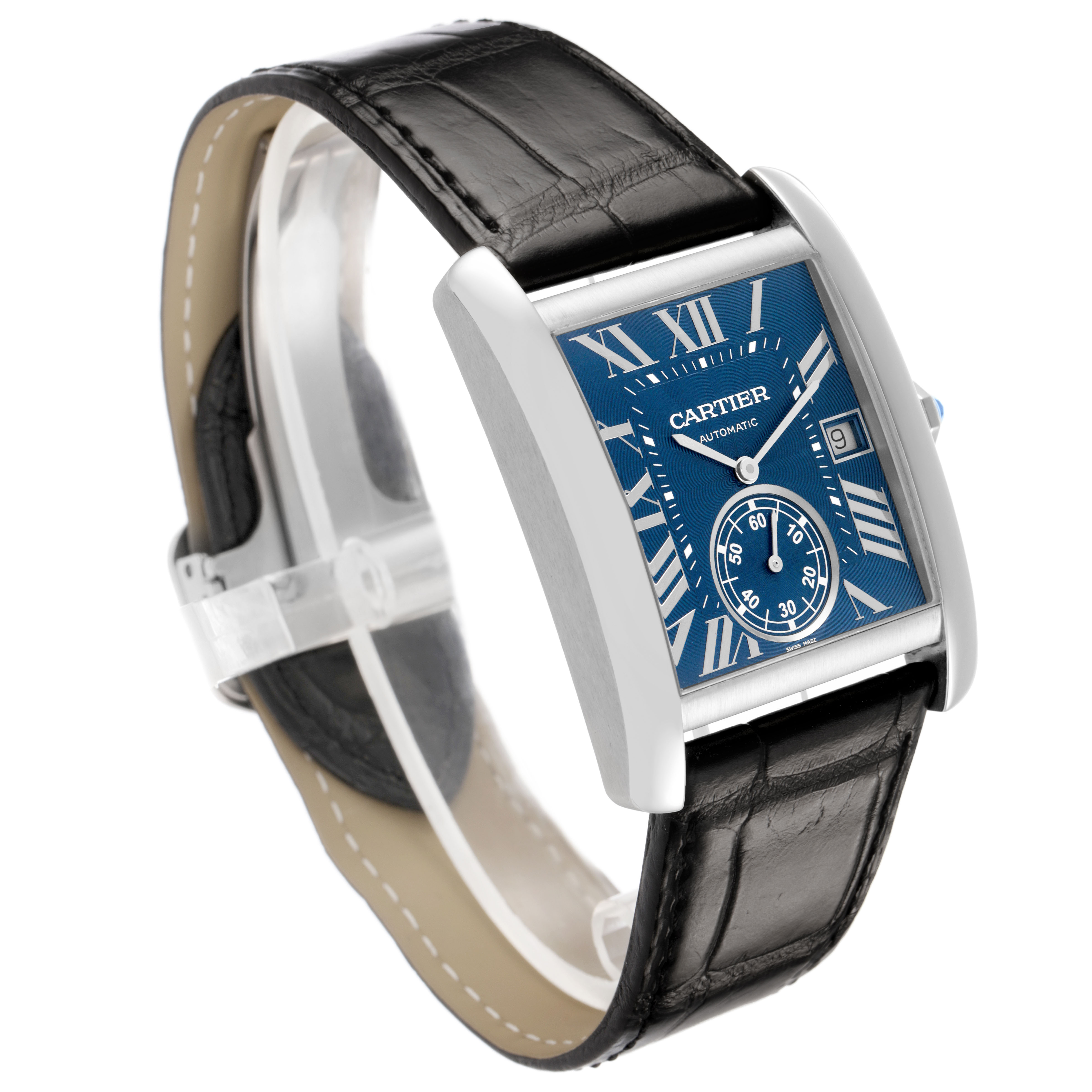 The Cartier Tank MC WSTA0010 Men's Stainless Steel Blue Dial watch is shown at a three-quarter angle, highlighting its blue dial, Roman numerals, and black leather strap.