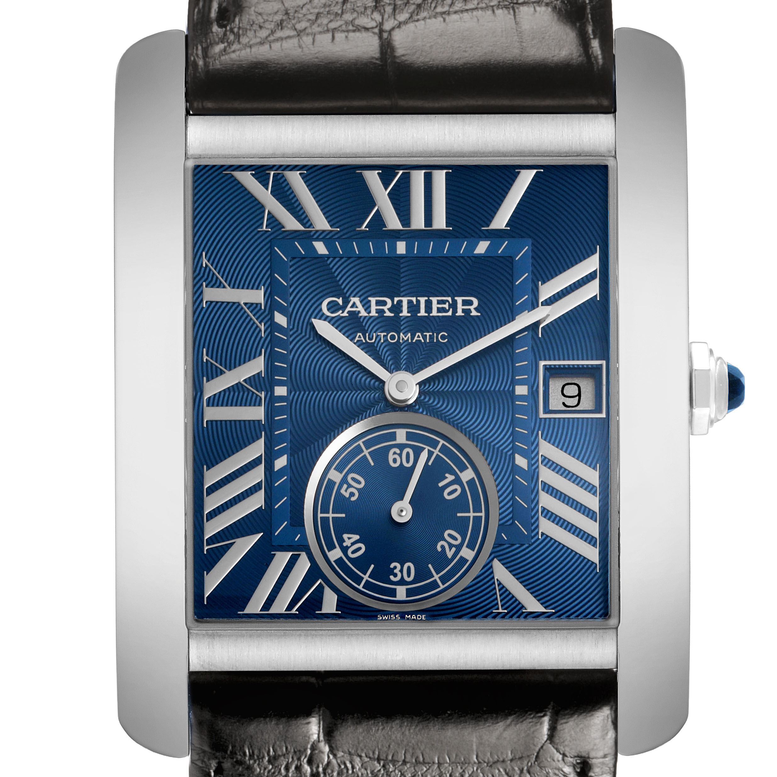 The Cartier Tank MC WSTA0010 Men's Stainless Steel Blue Dial watch is shown from the front, highlighting its blue dial, Roman numerals, and date window.