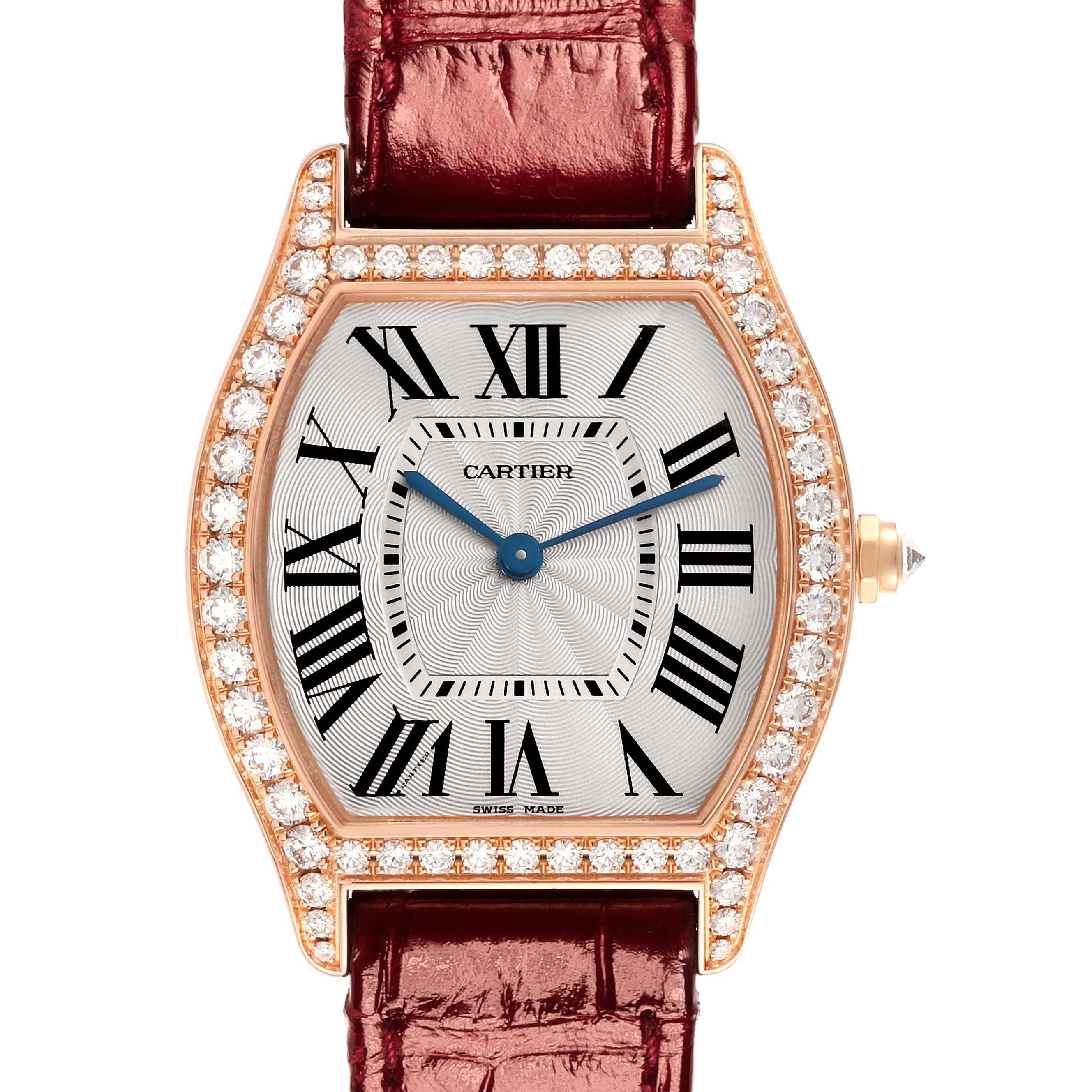 The Cartier Tortue WA501008 Women's Rose Gold Silver Dial WA501008 Women's Rose Gold Silver Dial watch is shown from the front, displaying its dial, Roman numerals, diamond bezel, and brown strap.