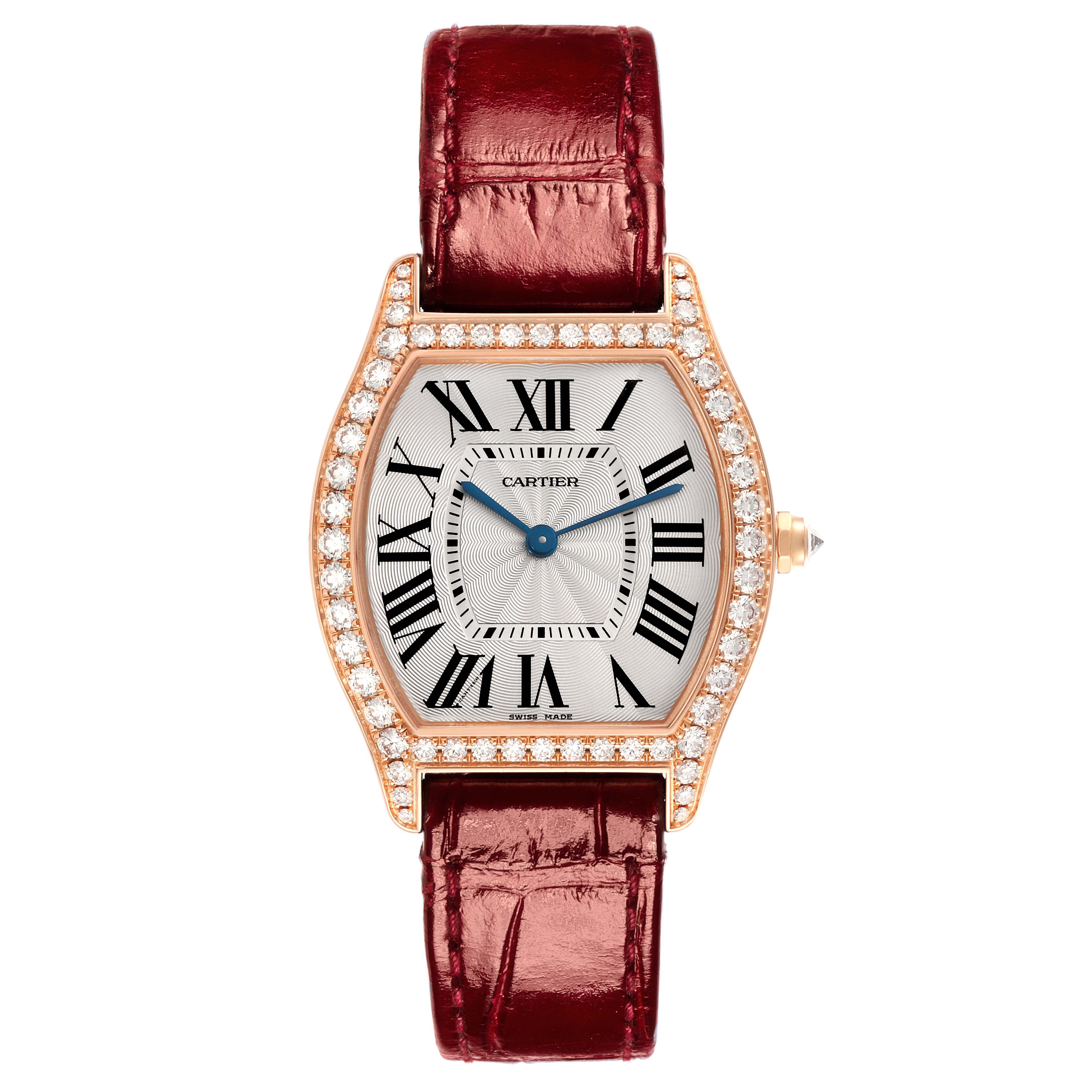The Cartier Tortue WA501008 Women's Rose Gold Silver Dial WA501008 Women's Rose Gold Silver Dial watch is shown from a front angle, highlighting the face, bezel, and strap.