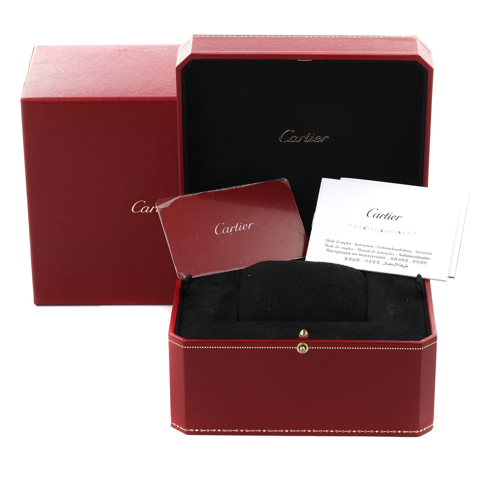 The image shows the Cartier Tortue WA501008 Women's Rose Gold Silver Dial WA501008 Women's Rose Gold Silver Dial watch box, including packaging, a pillow, and documentation from an angled top view.