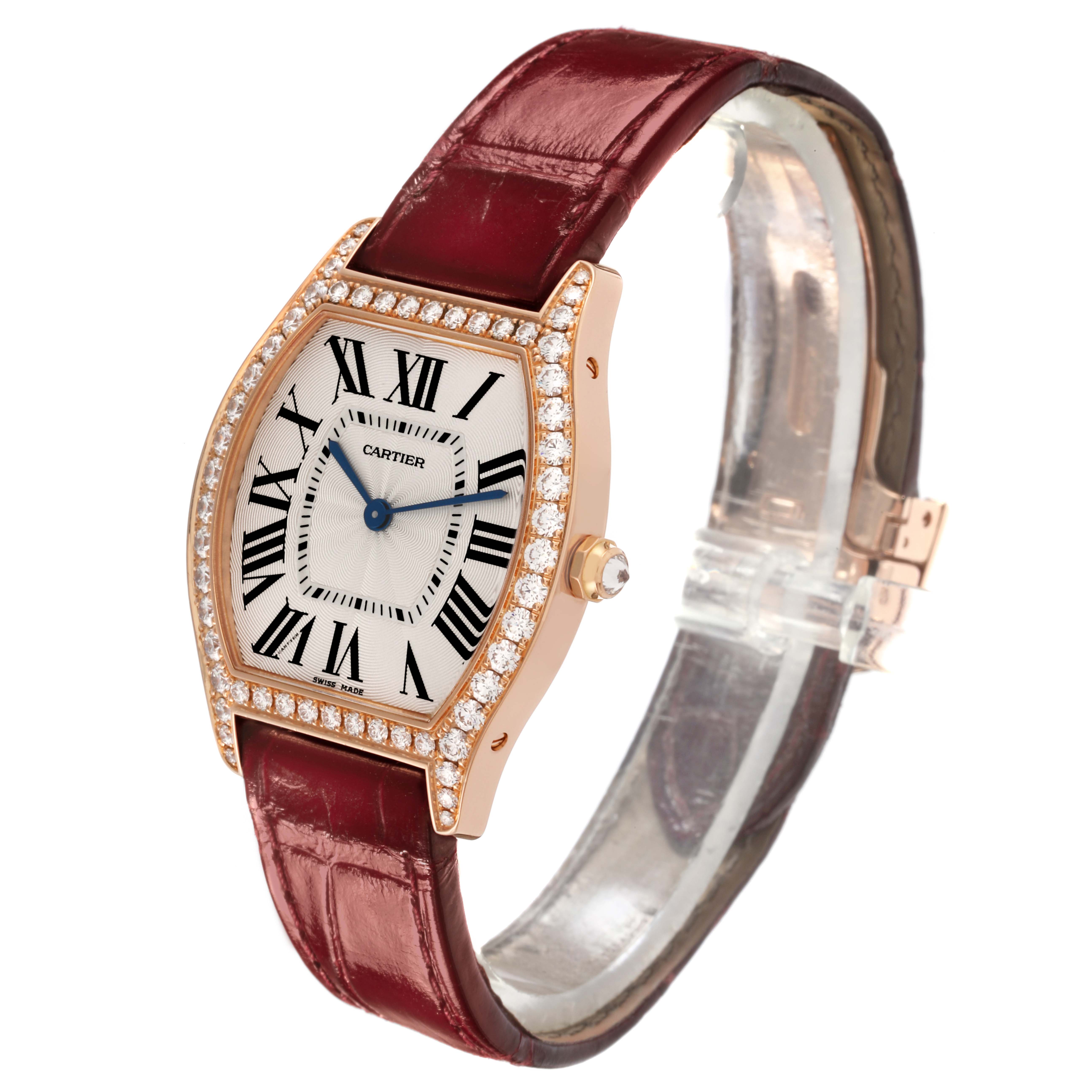 The Cartier Tortue WA501008 Women's Rose Gold Silver Dial WA501008 Women's Rose Gold Silver Dial model is shown from a side angle highlighting the face, bezel, and strap.