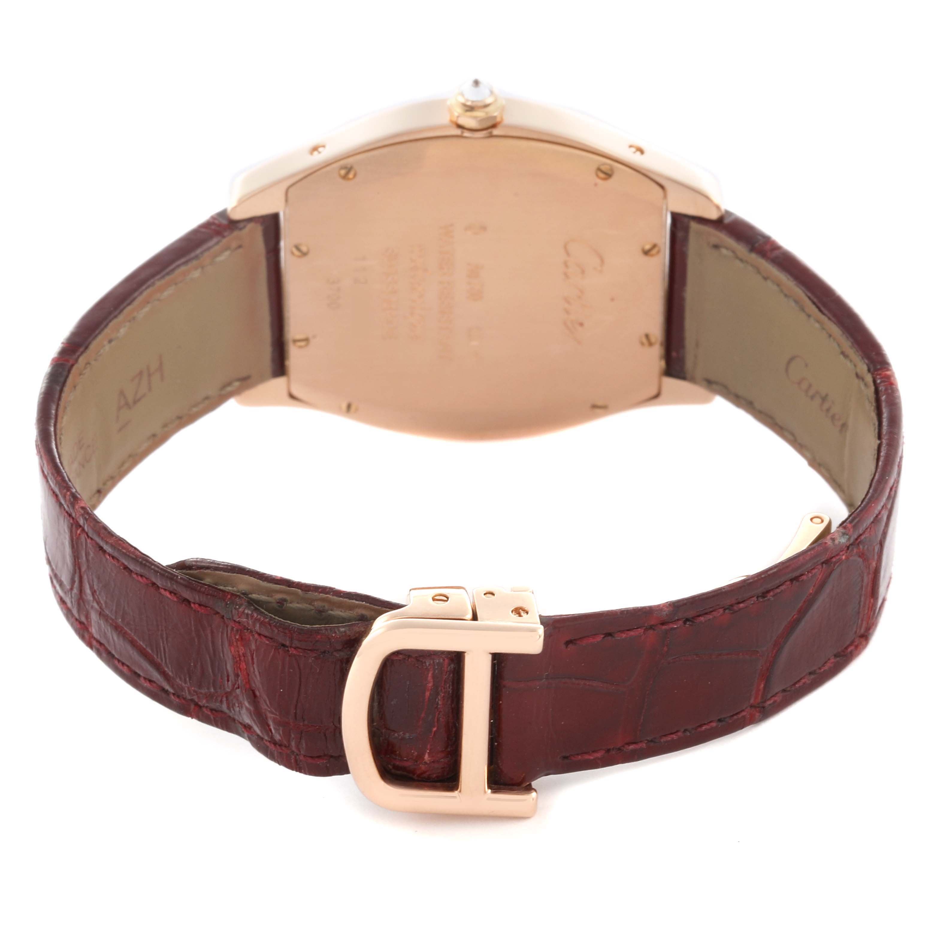 The image shows the Cartier Tortue WA501008 Women's Rose Gold Silver Dial WA501008 Women's Rose Gold Silver Dial model from the back, highlighting the case back, strap, and clasp.