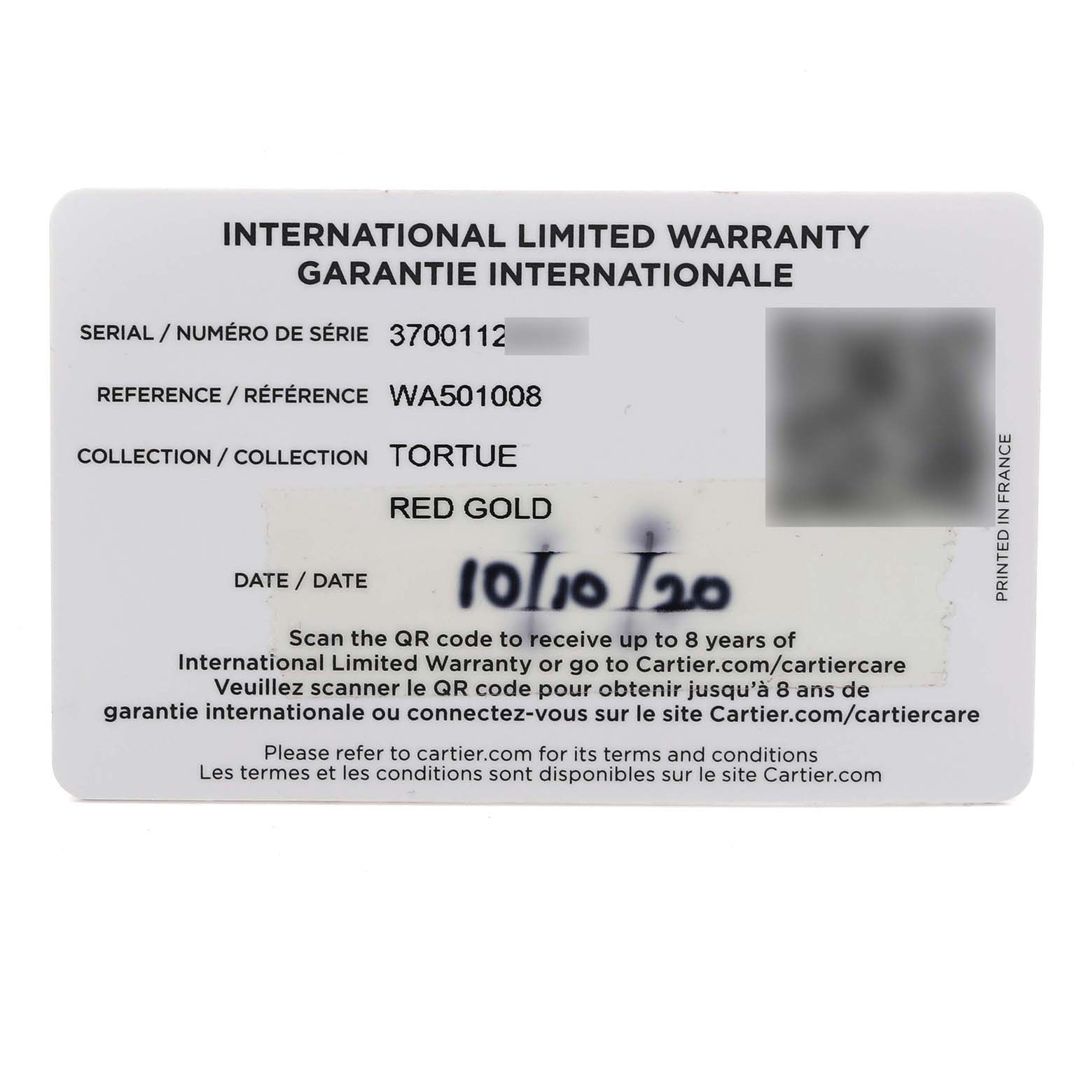 The image shows an International Limited Warranty card for a Cartier Tortue WA501008 Women's Rose Gold Silver Dial WA501008 Women's Rose Gold Silver Dial watch.