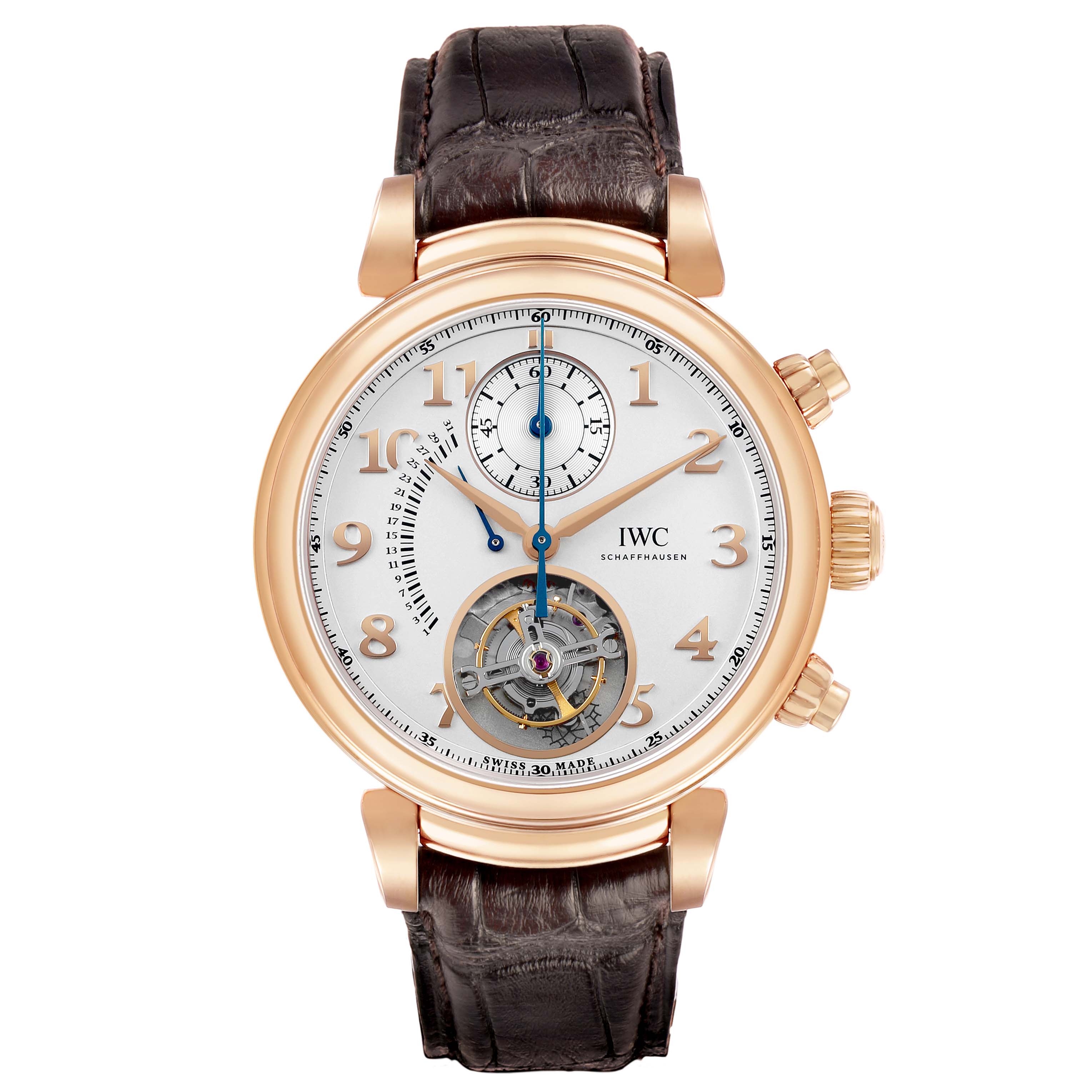 The IWC Da Vinci IW393101 Men's Rose Gold Silver Dial watch is shown from the front, highlighting the case, dial, subdials, and brown leather strap.