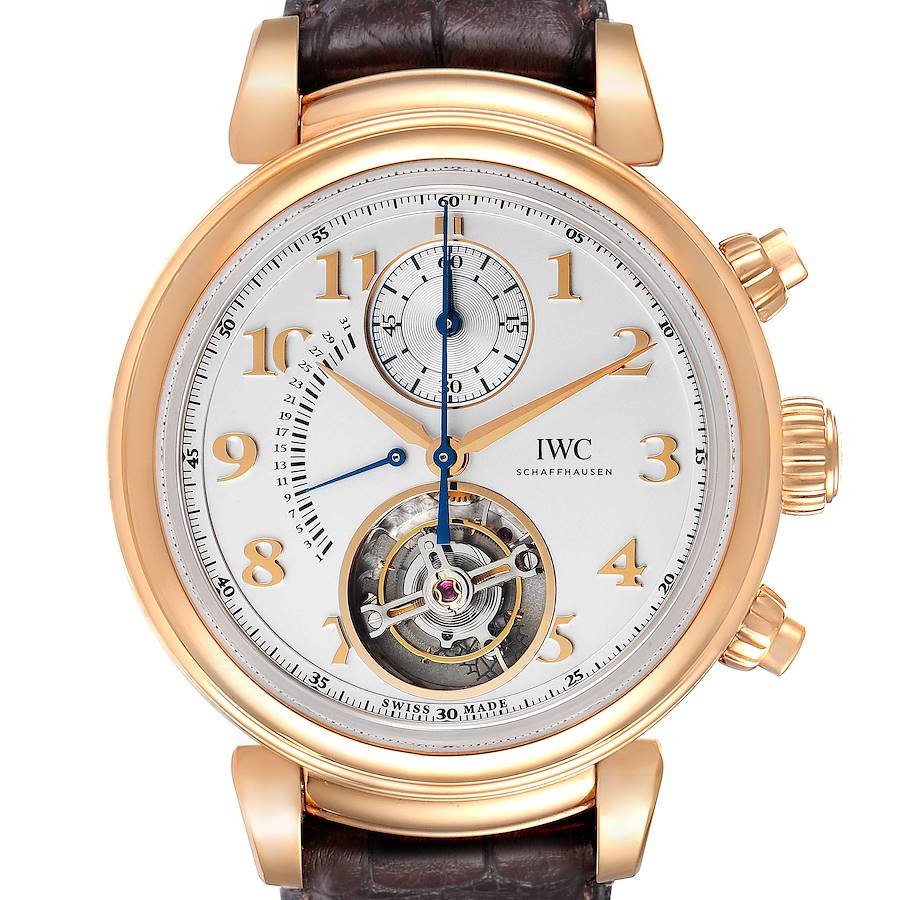 The IWC Da Vinci IW393101 Men's Rose Gold Silver Dial watch is shown from the front, displaying the dial, subdials, and tourbillon with a gold case and brown leather strap.
