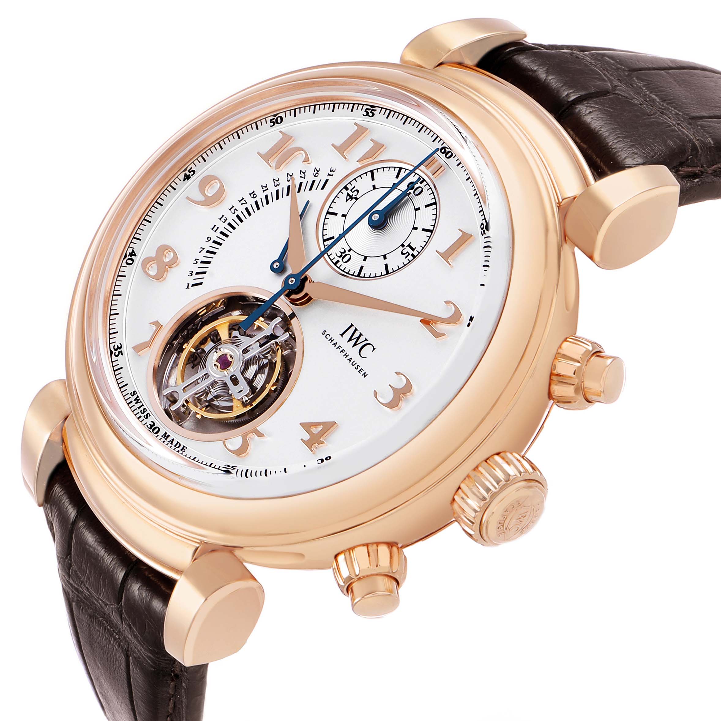 The IWC Da Vinci IW393101 Men's Rose Gold Silver Dial watch is shown at an angle highlighting its face, brown leather strap, rose gold case, and crown.