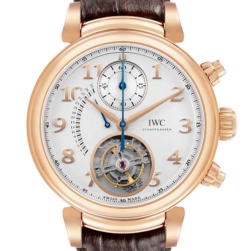 The IWC Da Vinci IW393101 Men's Rose Gold Silver Dial watch is shown from a front angle, displaying its dial, hands, subdials, tourbillon, and crown.