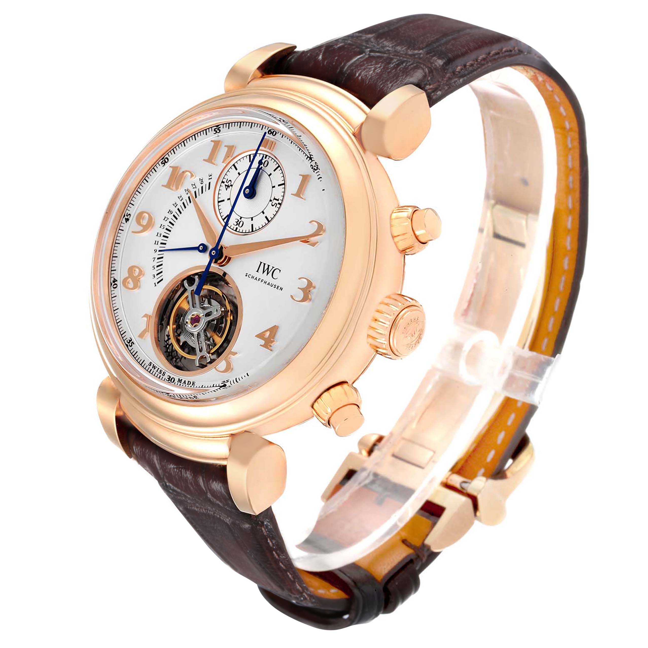 The IWC Da Vinci IW393101 Men's Rose Gold Silver Dial watch is shown at a three-quarter angle, highlighting the dial, crown, subdials, and leather strap.