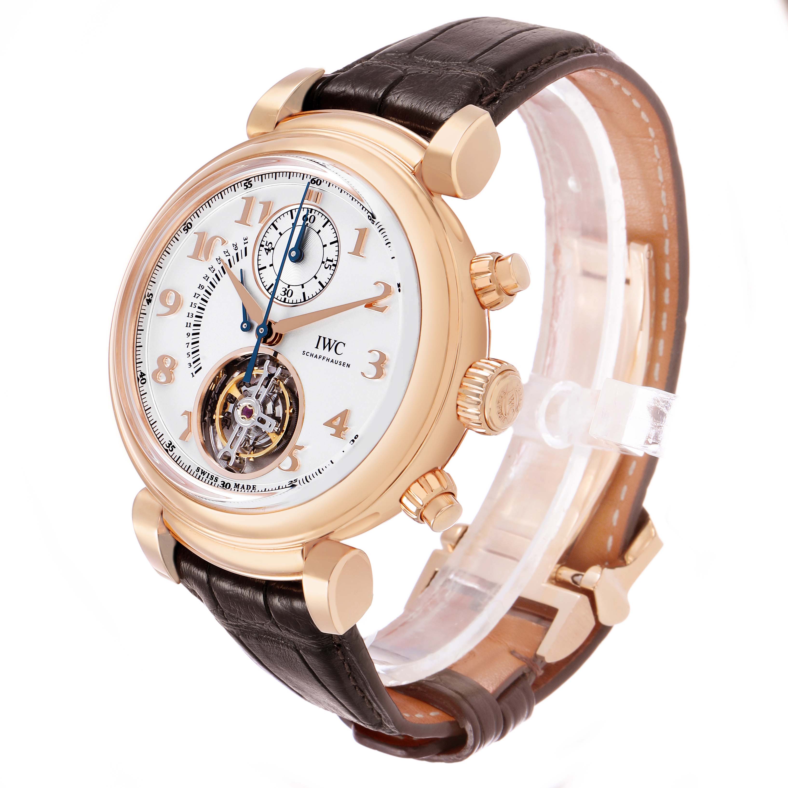The IWC Da Vinci IW393101 Men's Rose Gold Silver Dial watch is shown at a three-quarter angle, highlighting the dial, crown, pushers, and brown leather strap.