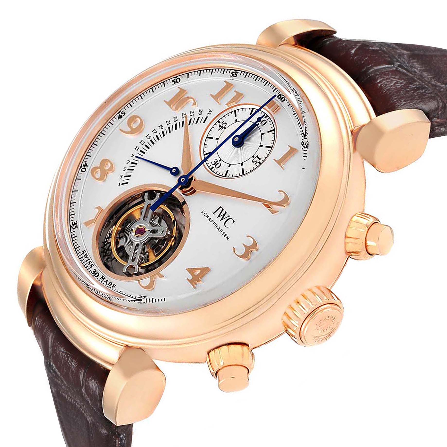 The IWC Da Vinci IW393101 Men's Rose Gold Silver Dial watch is shown at a slight angle, highlighting its dial, crown, subdials, and tourbillon.
