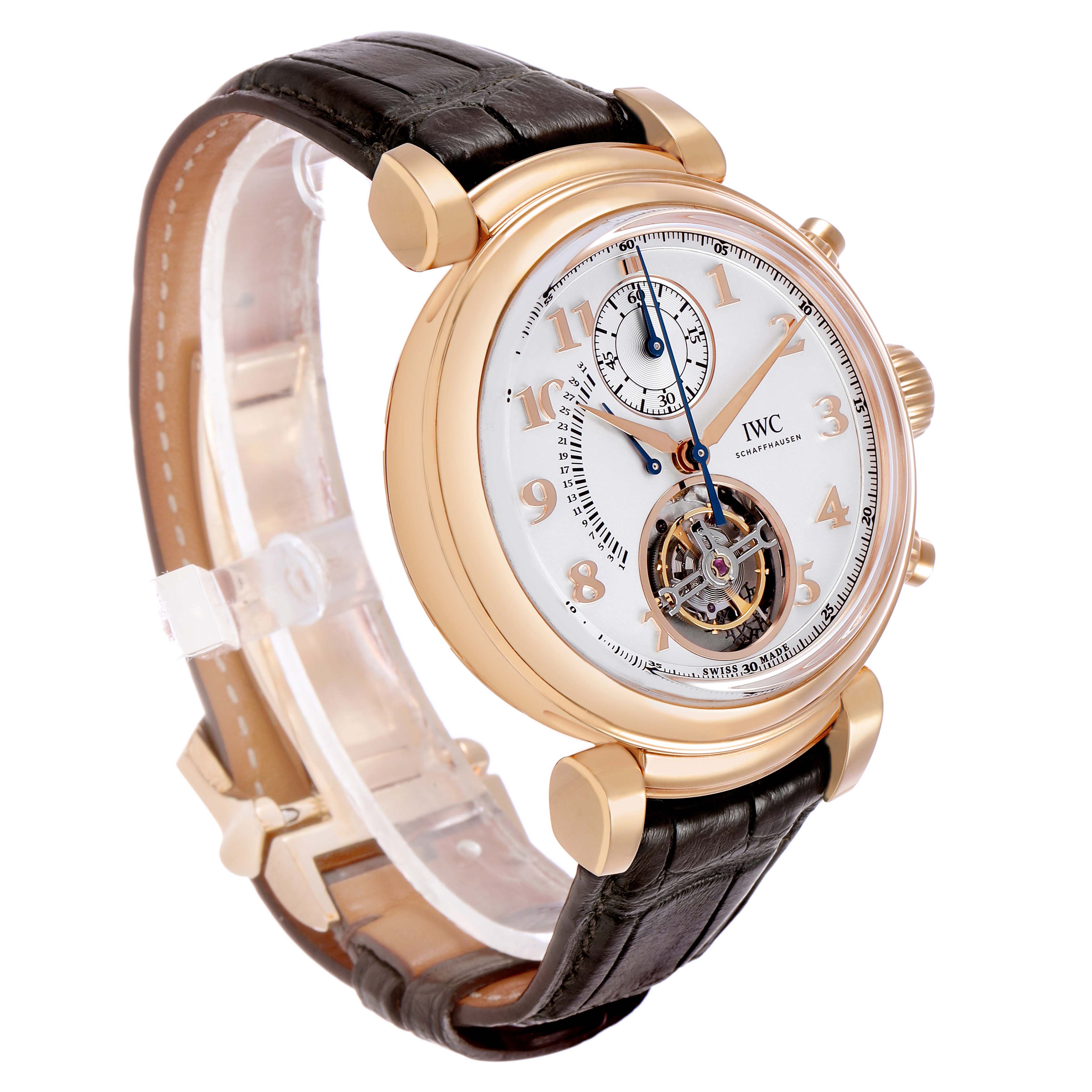 The IWC Da Vinci IW393101 Men's Rose Gold Silver Dial watch is shown at a three-quarter angle, displaying the face, case, strap, and crown.