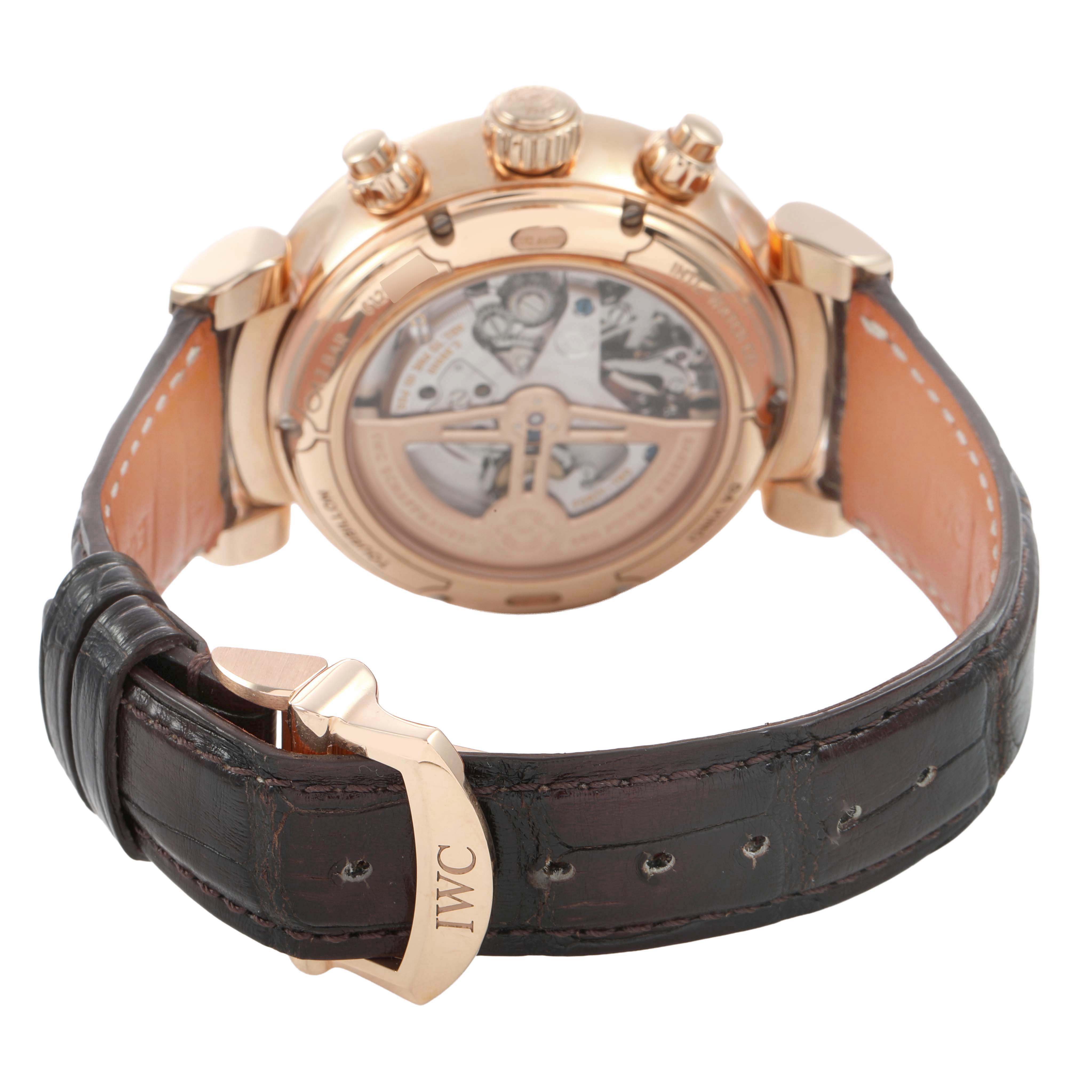 The image shows the back view of the IWC Da Vinci IW393101 Men's Rose Gold Silver Dial watch, highlighting the transparent case back and leather strap with IWC clasp.
