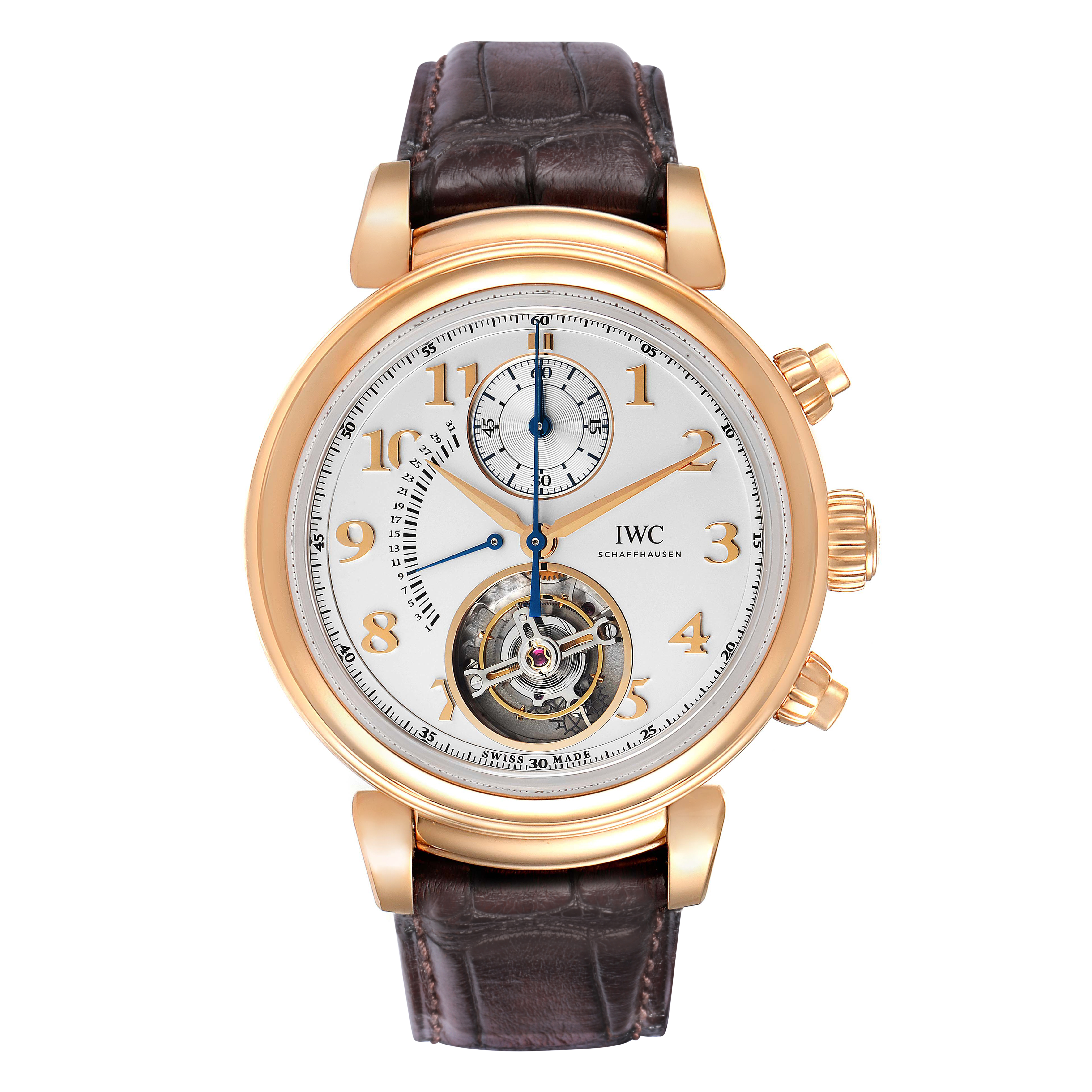 The IWC Da Vinci IW393101 Men's Rose Gold Silver Dial watch is shown from the front, displaying its dial, hands, subdial, tourbillon, and leather strap.