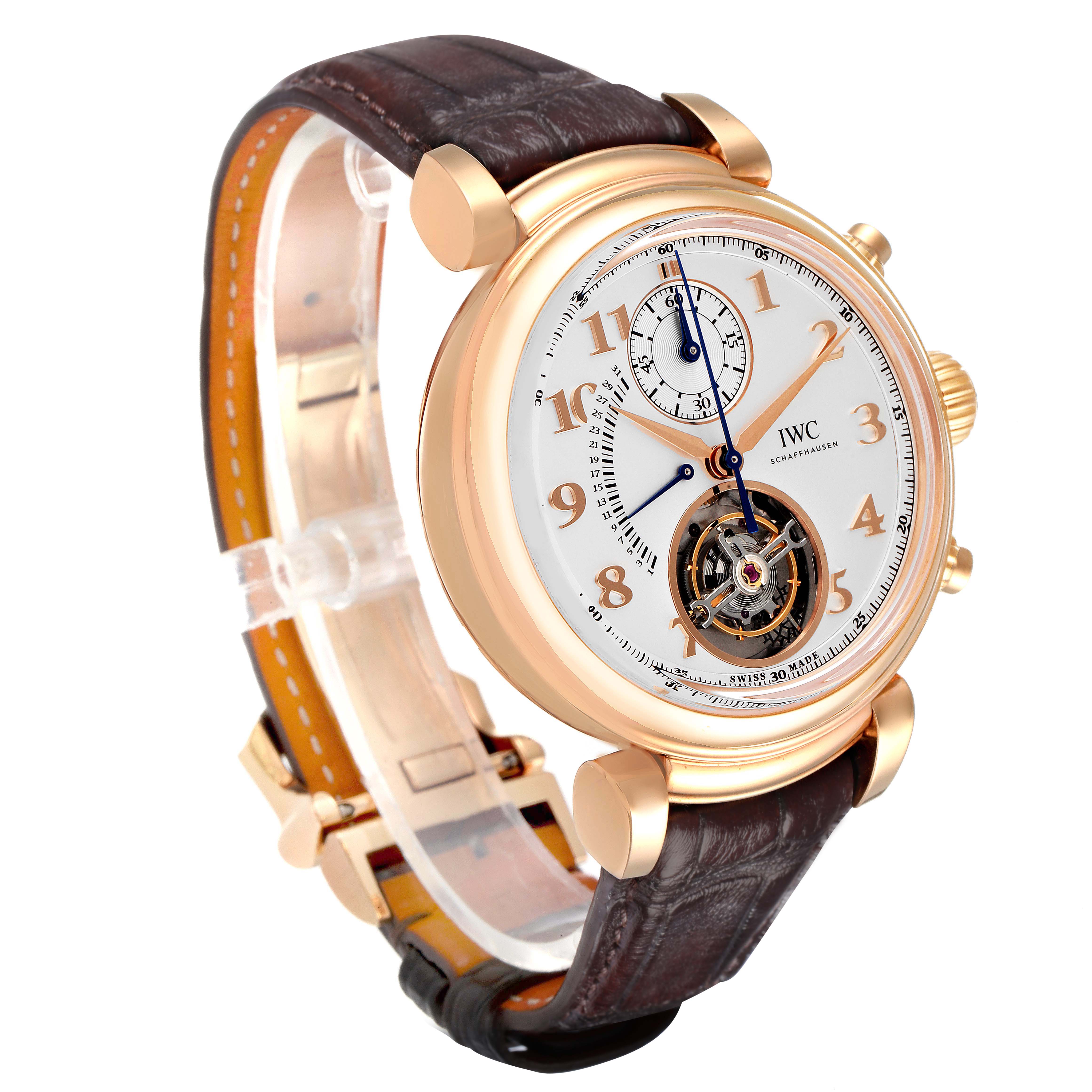 The IWC Da Vinci IW393101 Men's Rose Gold Silver Dial watch is shown at a slight angle, highlighting the face, crown, and leather strap.