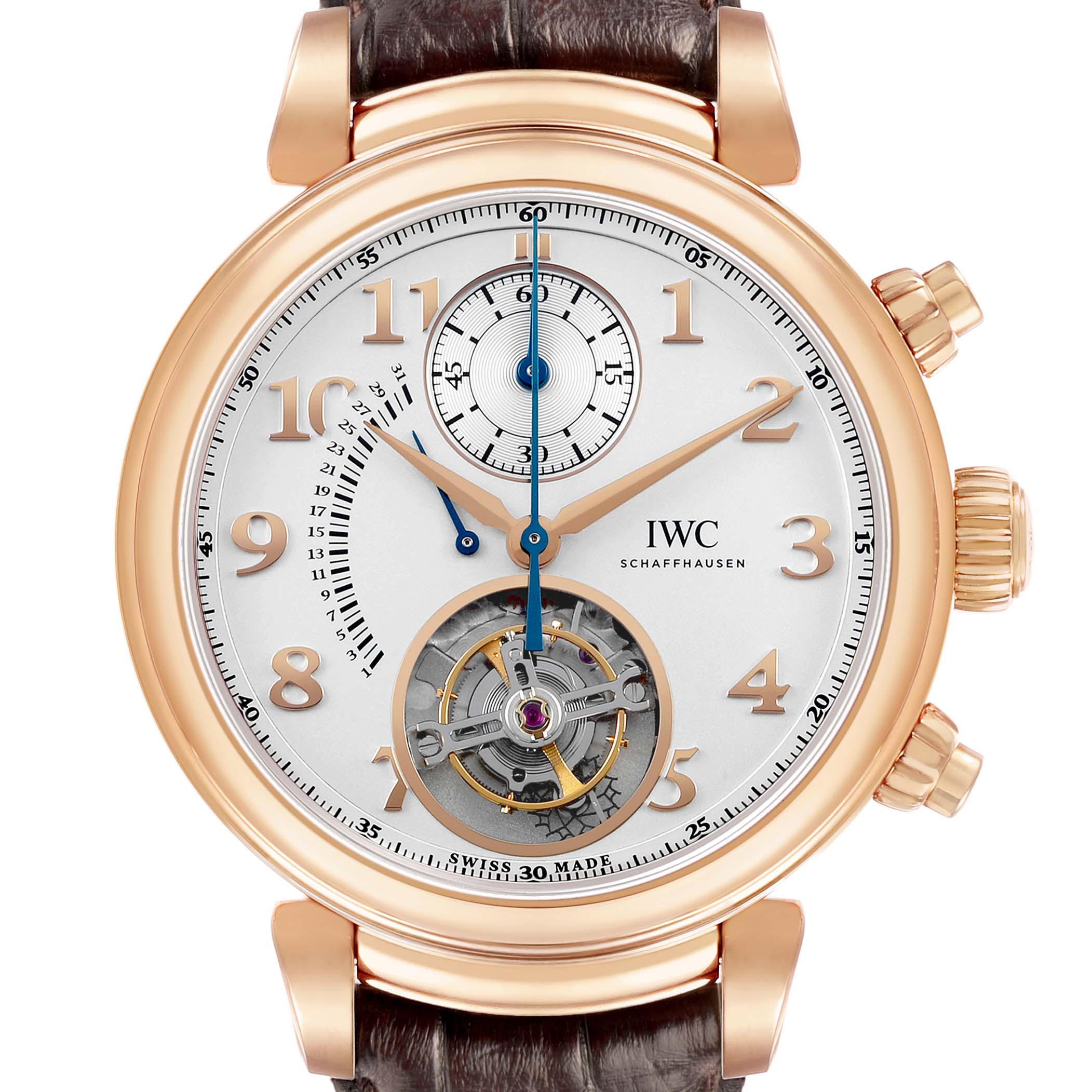 The image shows a front view of the IWC Da Vinci IW393101 Men's Rose Gold Silver Dial watch, highlighting its dial, subdials, and crown.