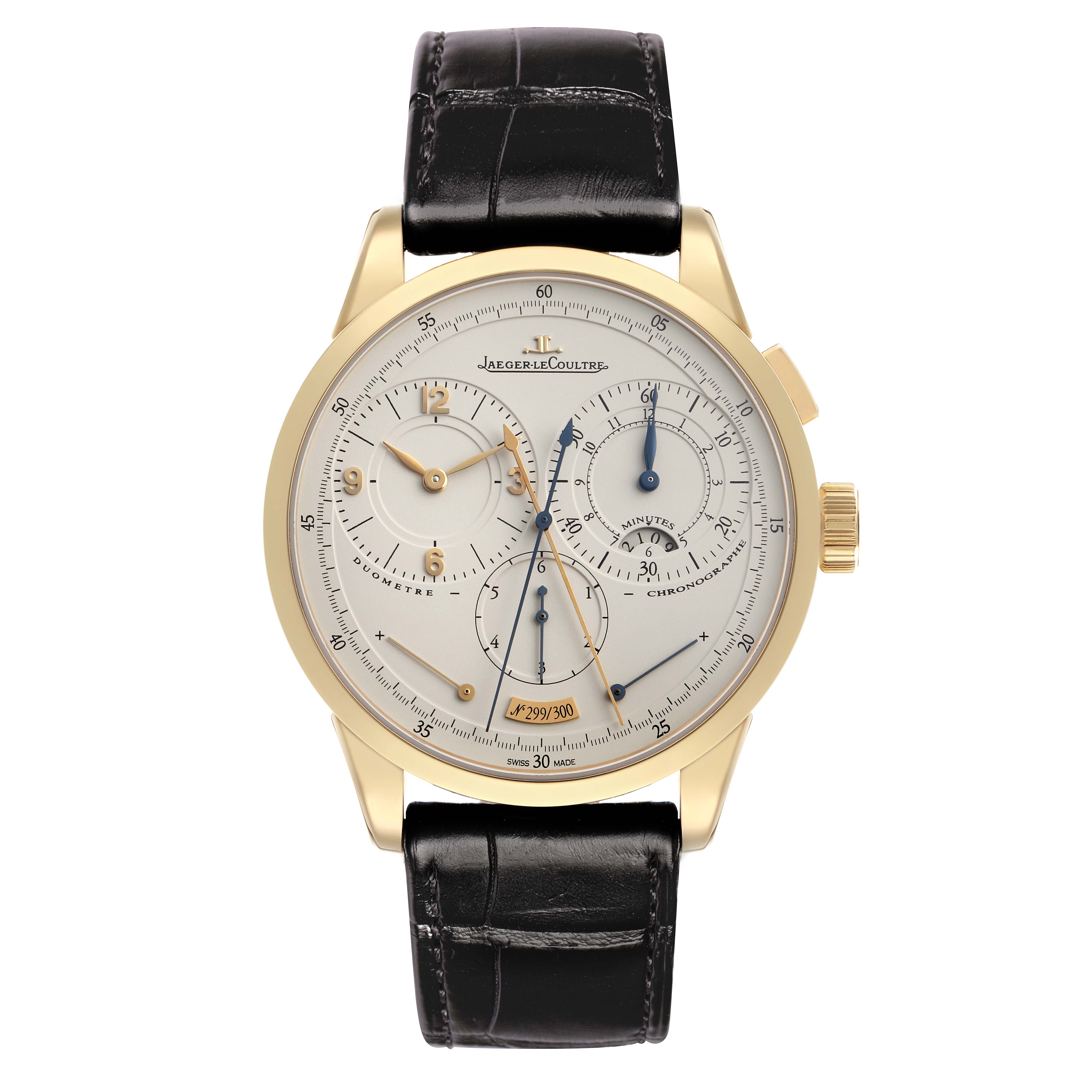 The Jaeger LeCoultre Duometre Q6011420 Men's Yellow Gold Beige Dial watch is shown from the front, displaying its dial, hands, subdials, and leather strap.