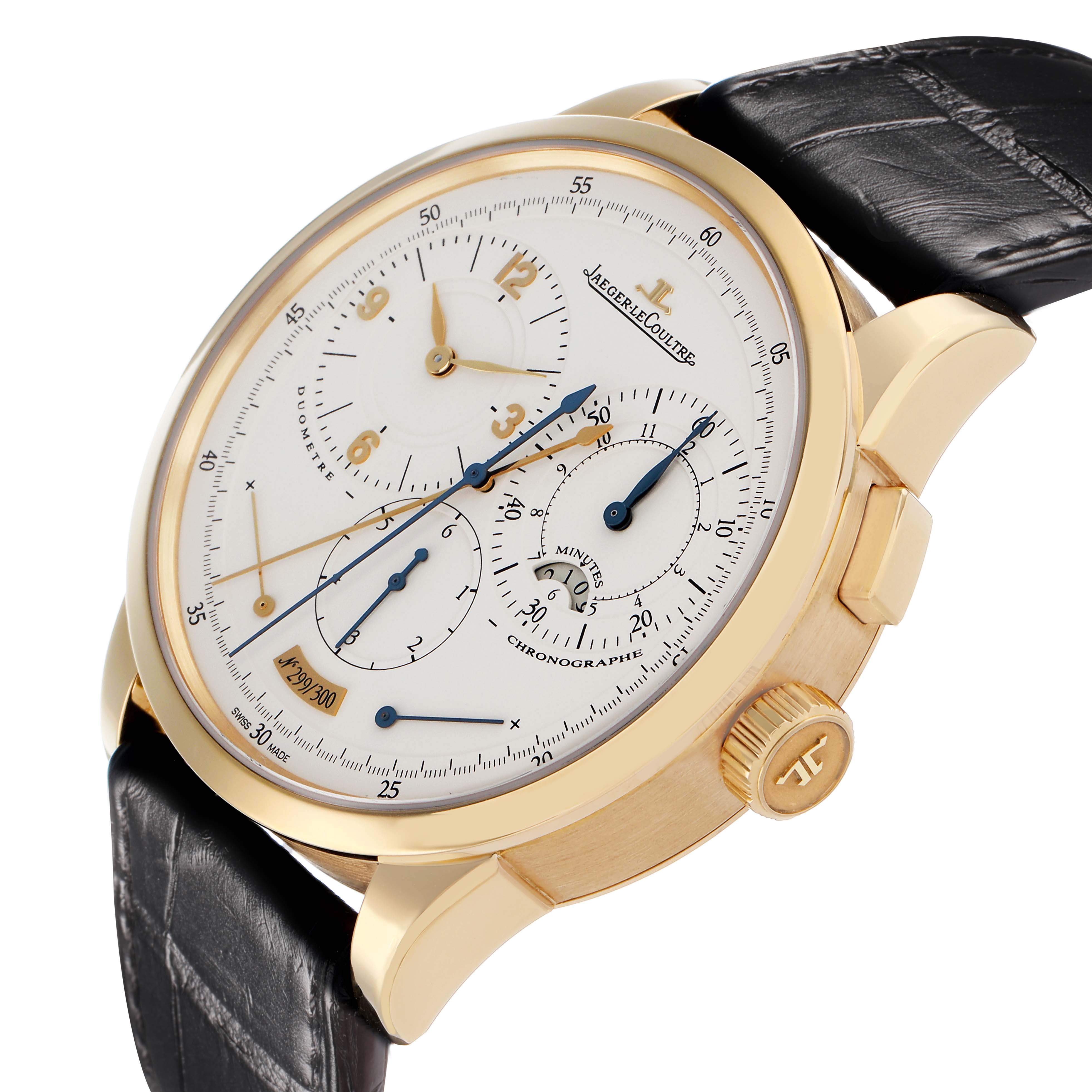 The watch is angled to show the face and side, highlighting the dials and crown of the Jaeger LeCoultre Duometre Q6011420 Men's Yellow Gold Beige Dial model.